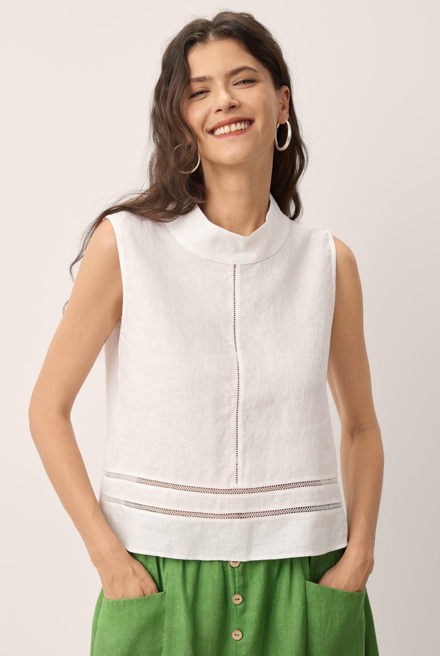 100% Linen Lace Inset Stand Collar Sleeveless Top ULANI by LINTICO for women