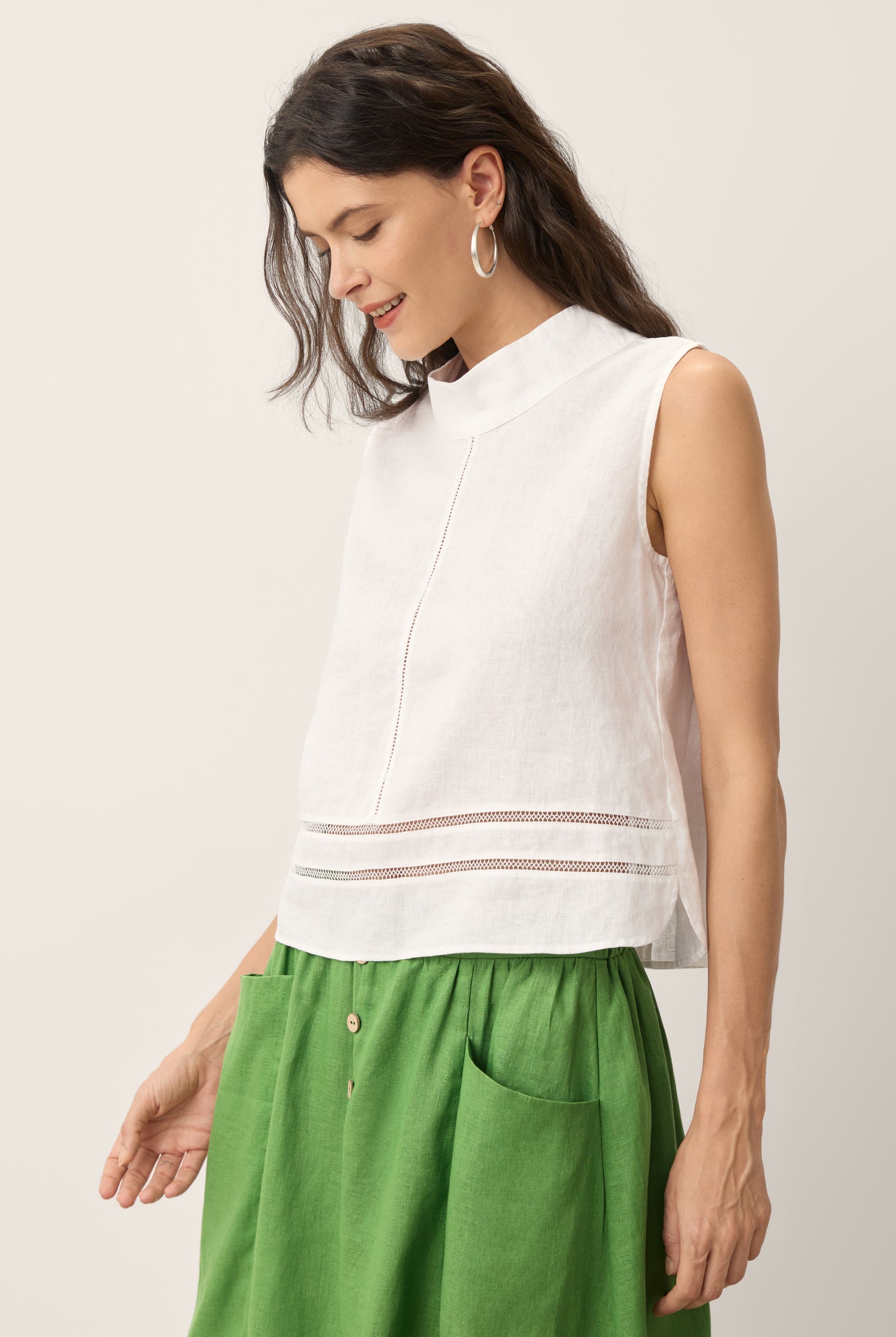 100% Linen Lace Inset Stand Collar Sleeveless Top ULANI by LINTICO for women