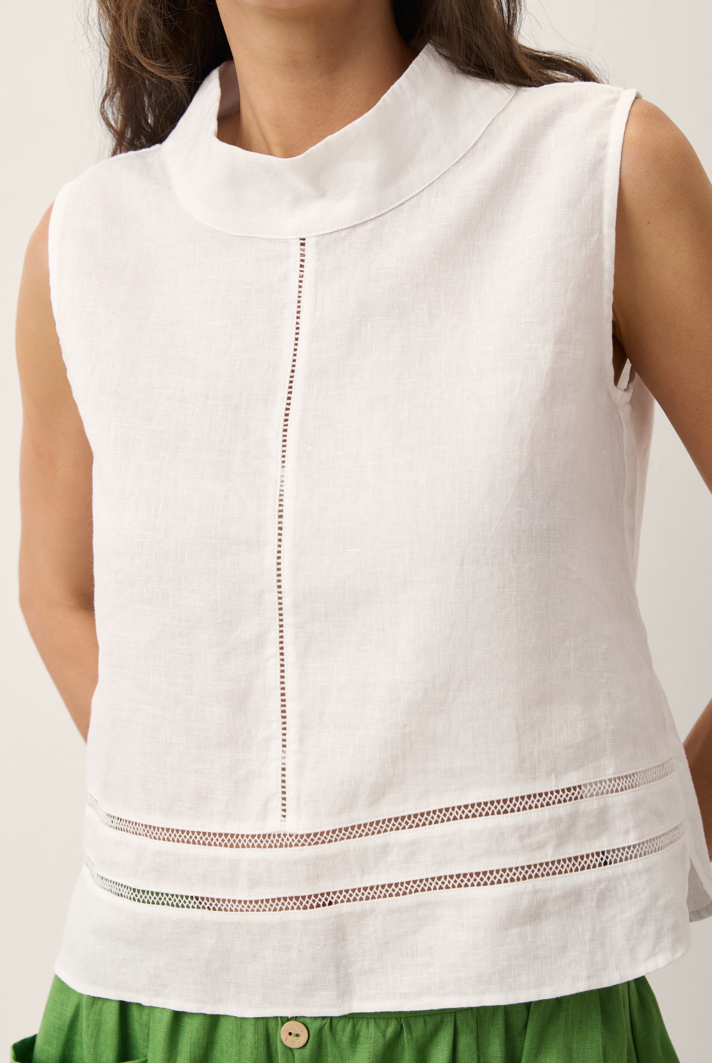 100% Linen Lace Inset Stand Collar Sleeveless Top ULANI by LINTICO for women