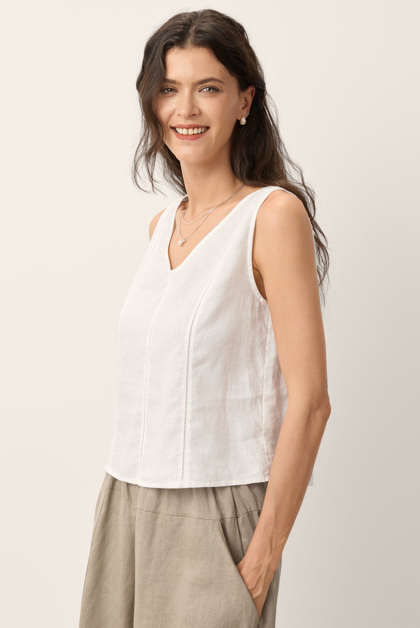 100% Linen Lace Inset V-Neck Tank Top WINSLET by LINTICO for women