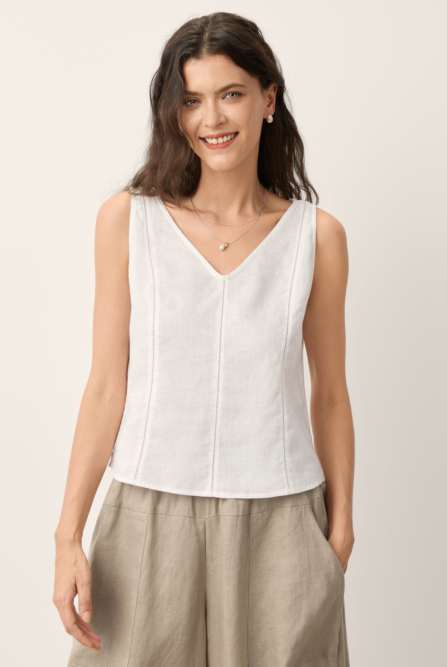 100% Linen Lace Inset V-Neck Tank Top WINSLET by LINTICO for women