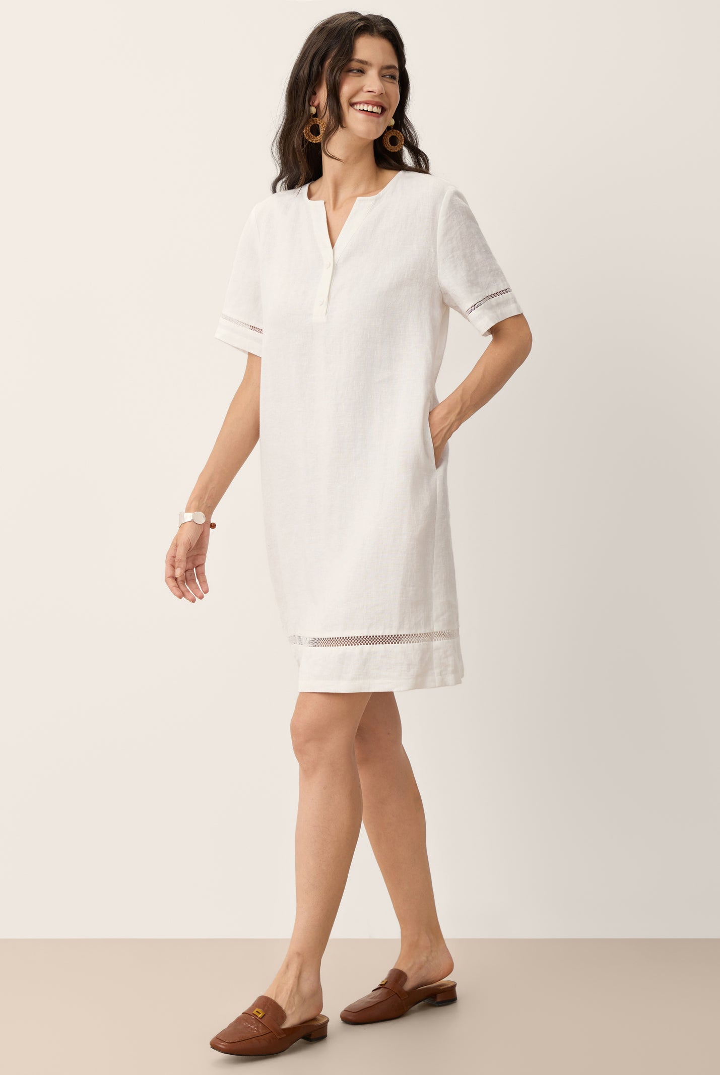 100% Linen Lace Trim Drawstring Waist Mini Dress BELLAMY by LINTICO for women