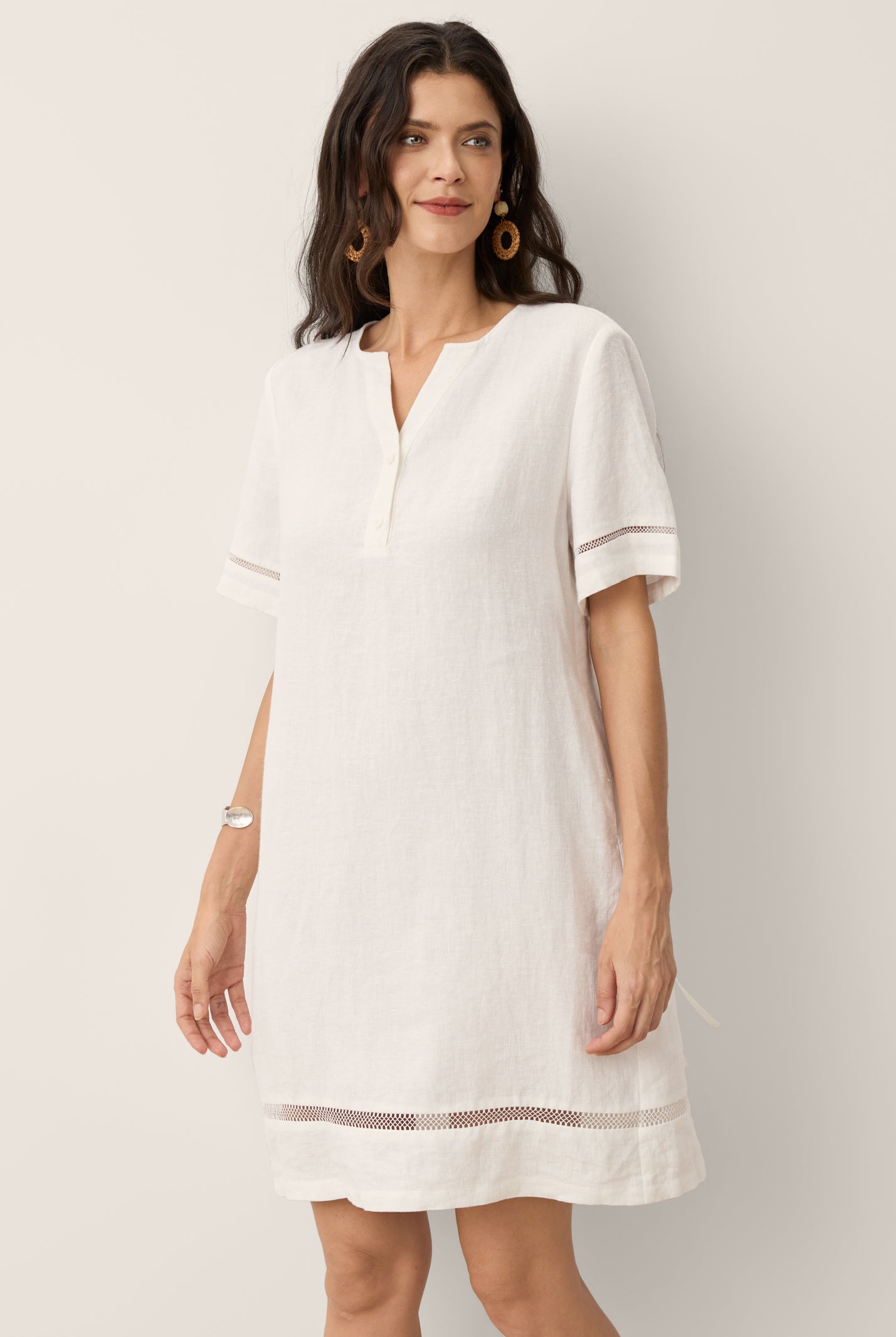 100% Linen Lace Trim Drawstring Waist Mini Dress BELLAMY by LINTICO for women