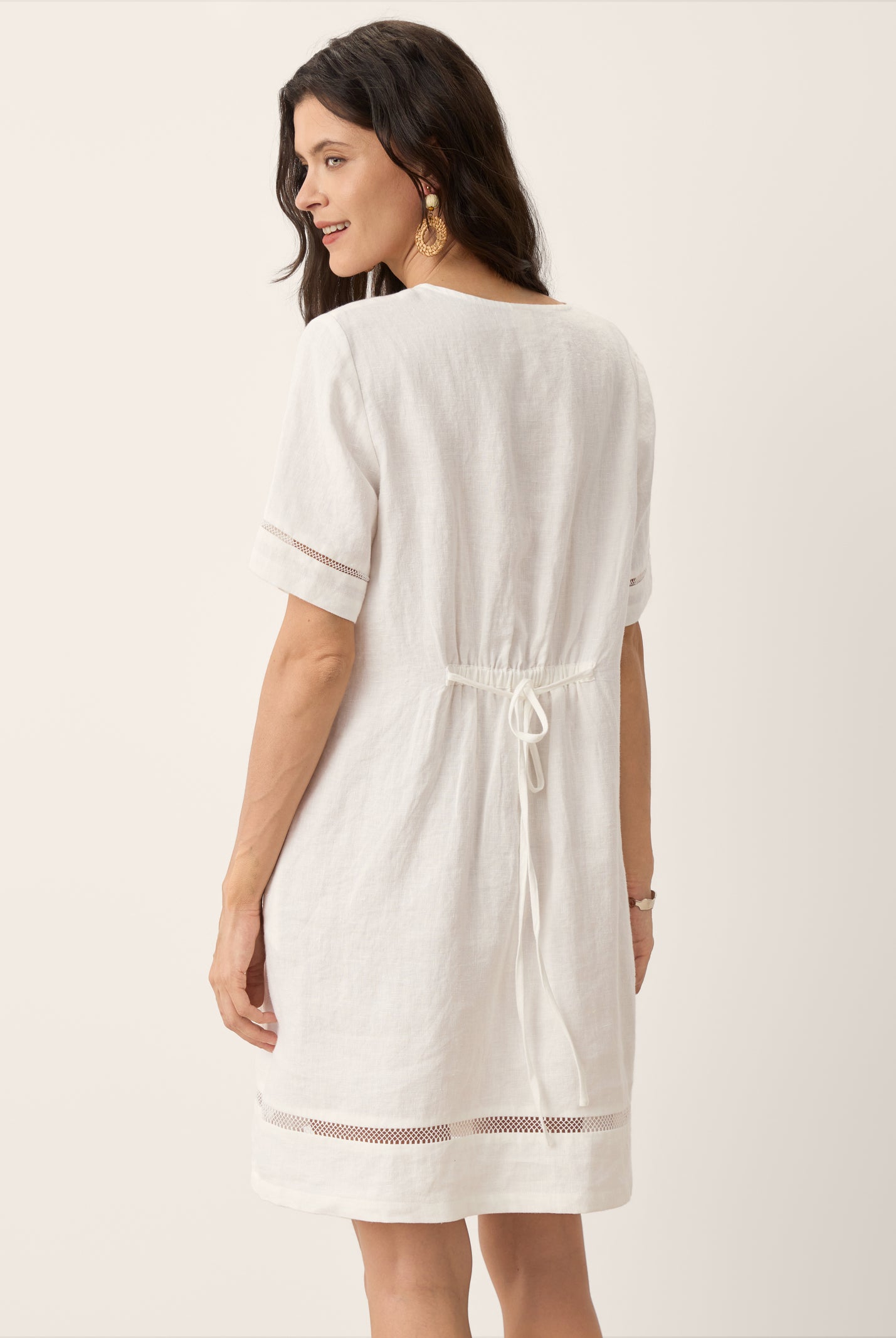 100% Linen Lace Trim Drawstring Waist Mini Dress BELLAMY by LINTICO for women