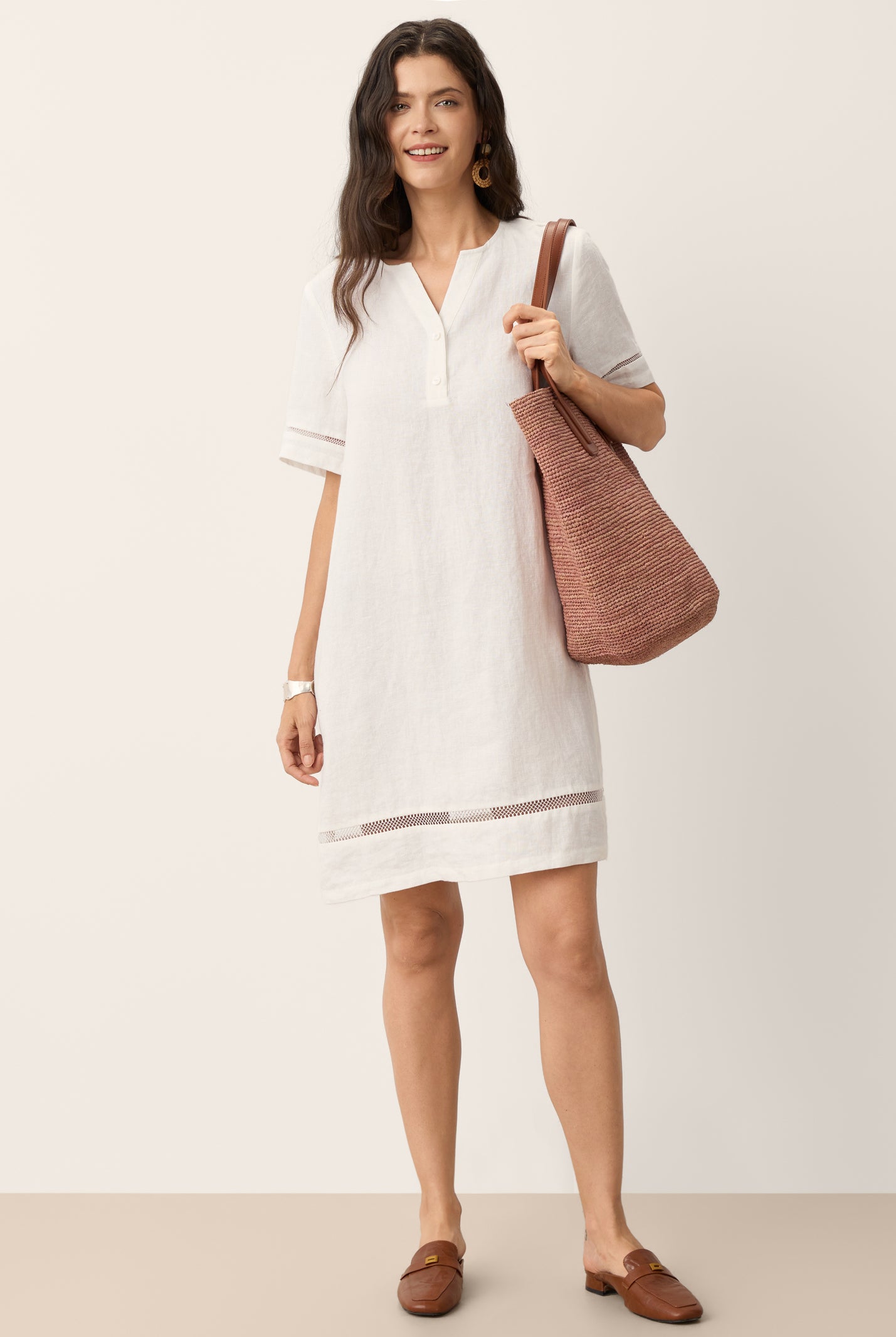 100% Linen Lace Trim Drawstring Waist Mini Dress BELLAMY by LINTICO for women