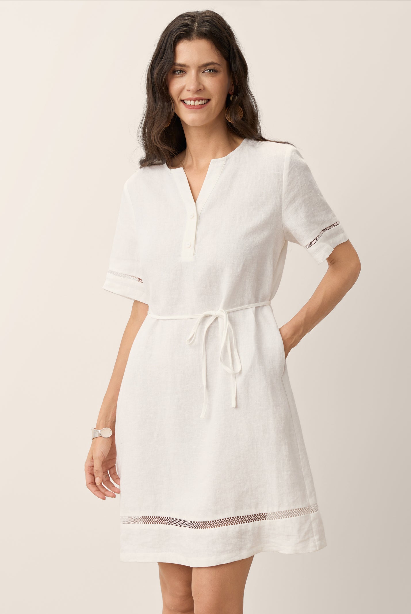 100% Linen Lace Trim Drawstring Waist Mini Dress BELLAMY by LINTICO for women