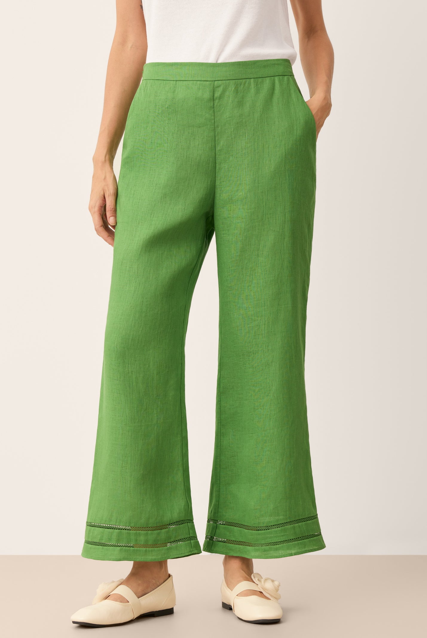 100% Linen Lace Trim Elasticated Waist Cropped Flare Pants NERINA by LINTICO for women