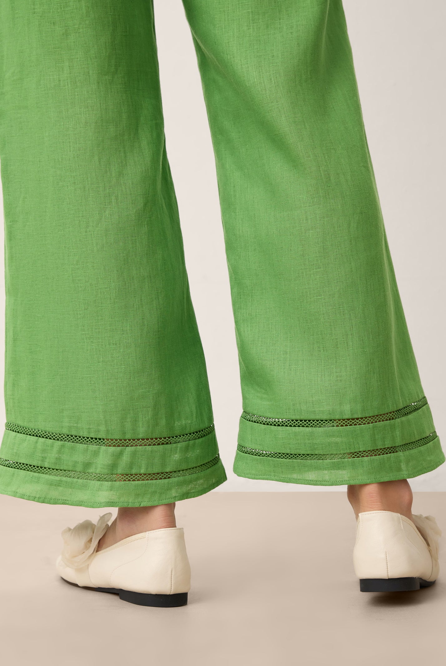 100% Linen Lace Trim Elasticated Waist Cropped Flare Pants NERINA by LINTICO for women