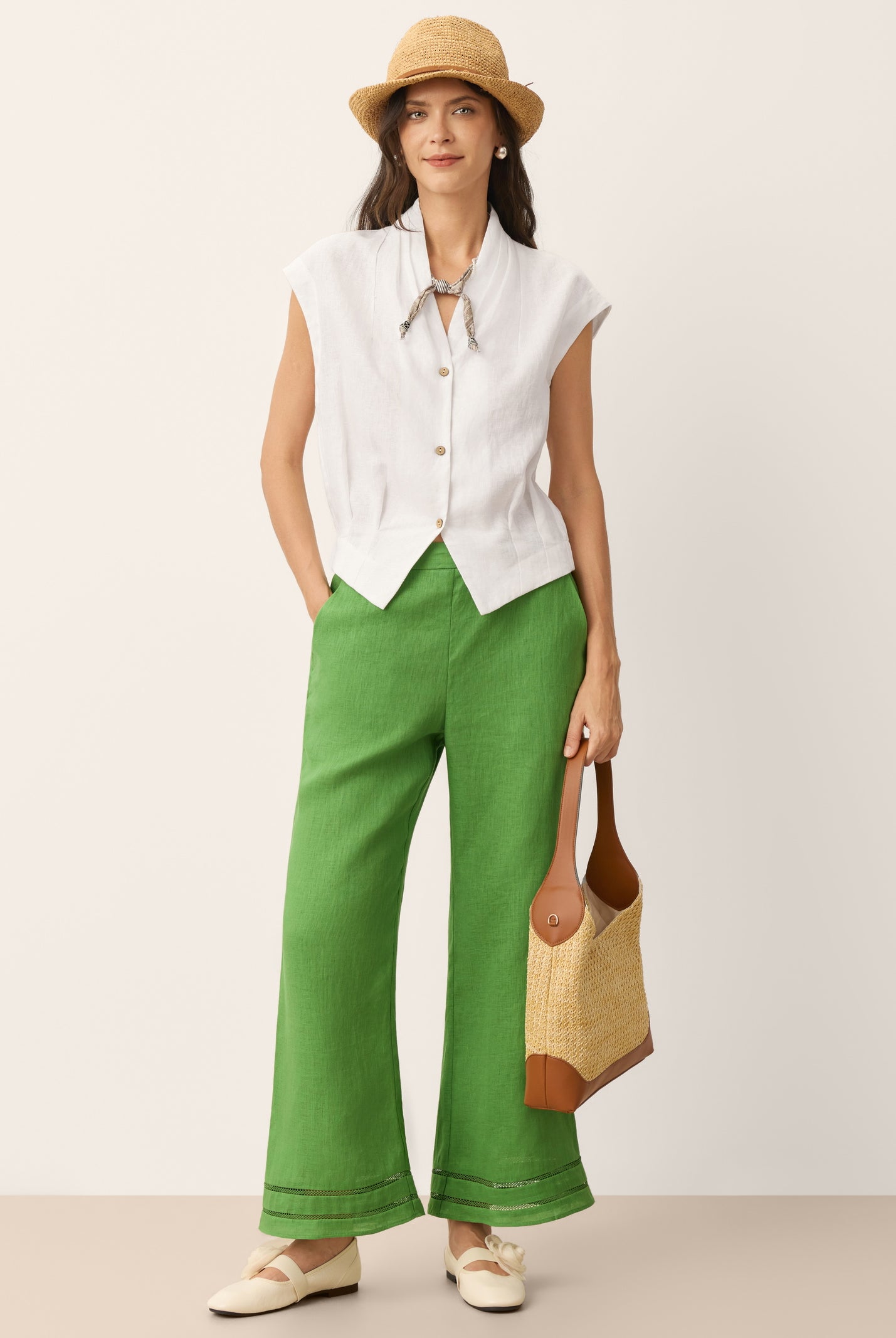 100% Linen Lace Trim Elasticated Waist Cropped Flare Pants NERINA by LINTICO for women