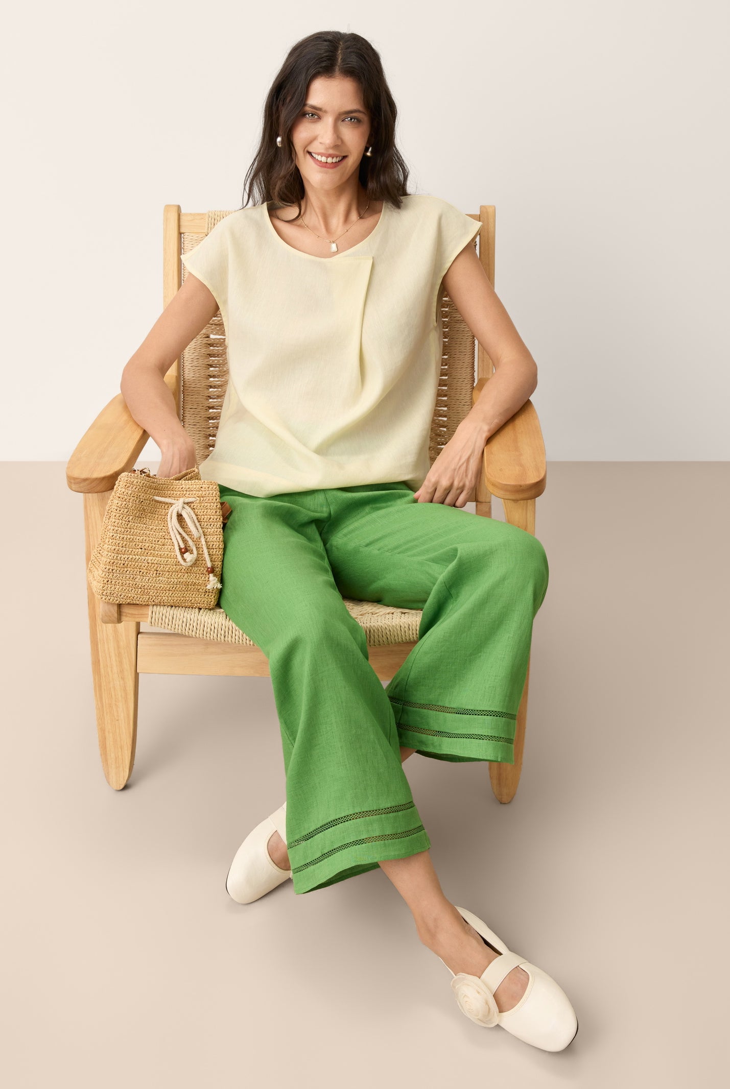 100% Linen Lace Trim Elasticated Waist Cropped Flare Pants NERINA by LINTICO for women