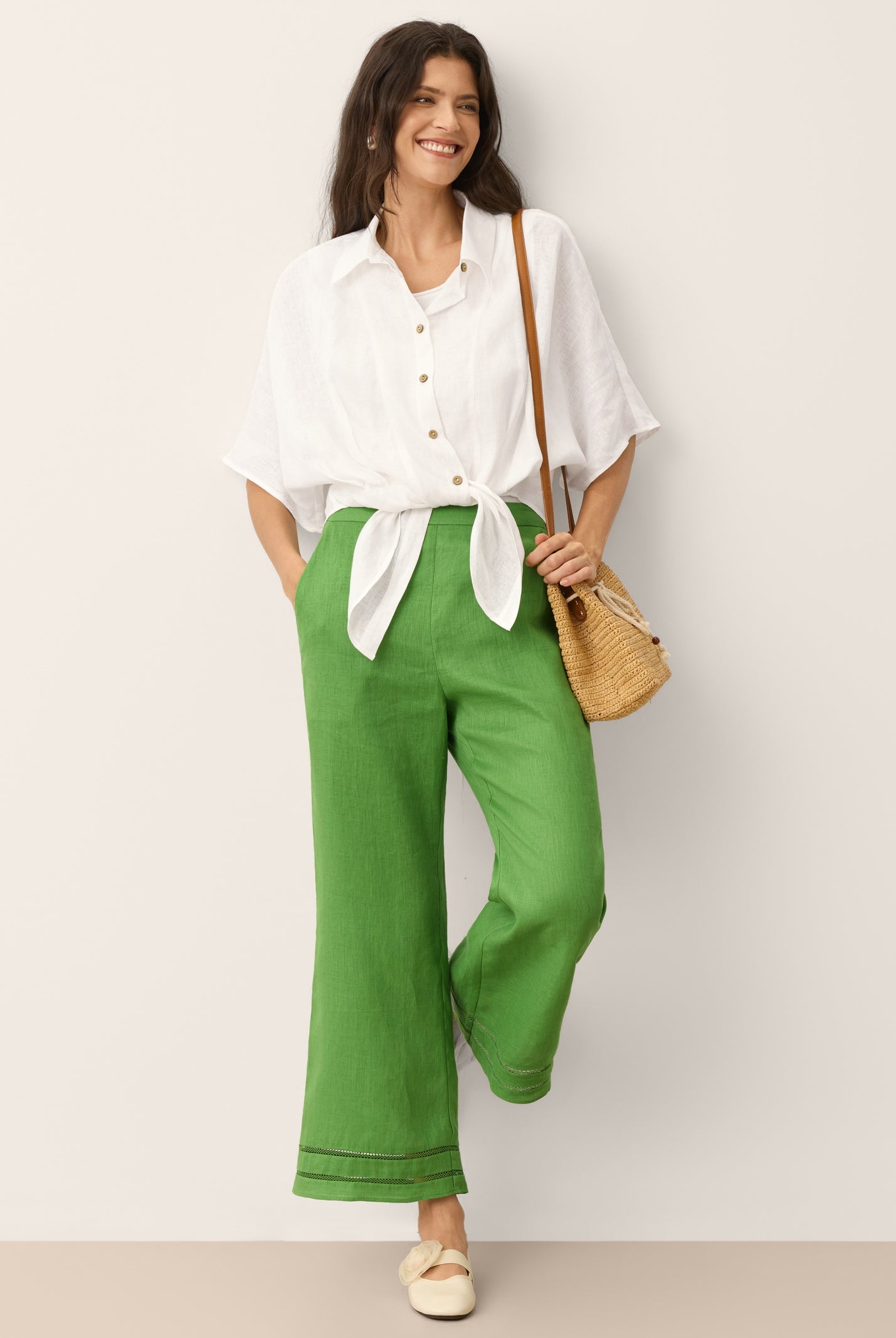 100% Linen Lace Trim Elasticated Waist Cropped Flare Pants NERINA by LINTICO for women