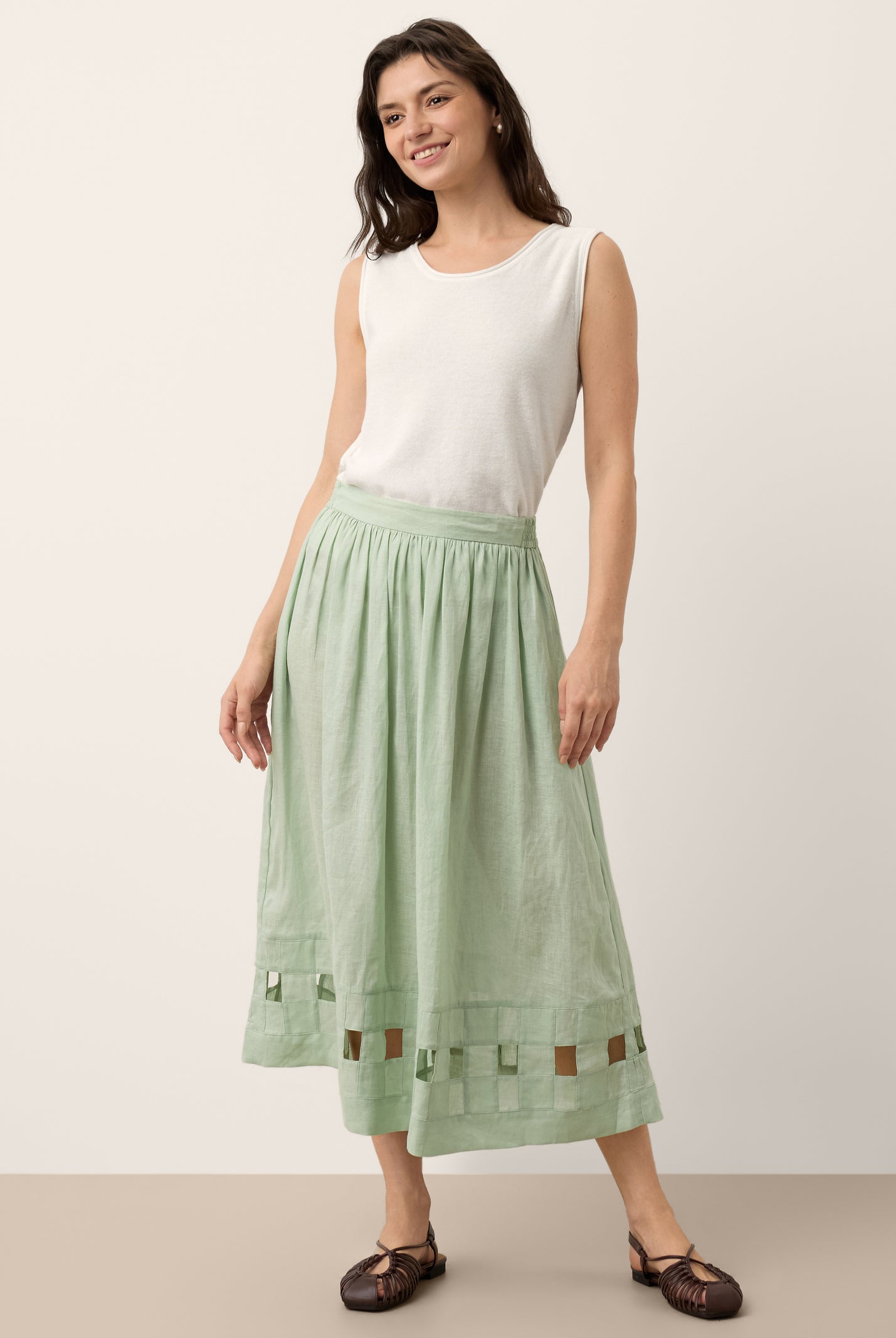 100% Linen Layered Handwoven Lattice Hem Elastic Waist Midi Skirt ALINAH by LINTICO for women