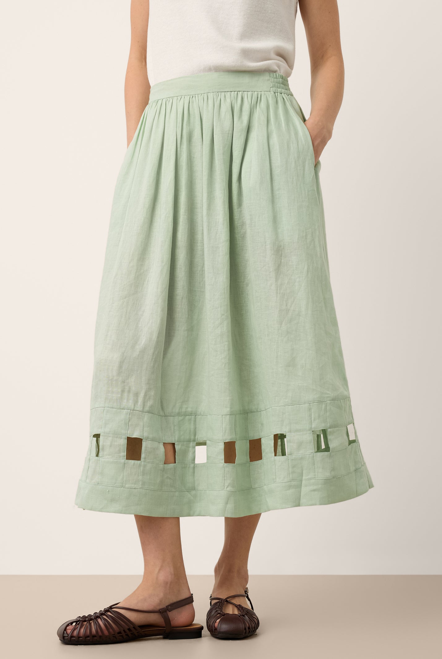 100% Linen Layered Handwoven Lattice Hem Elastic Waist Midi Skirt ALINAH by LINTICO for women