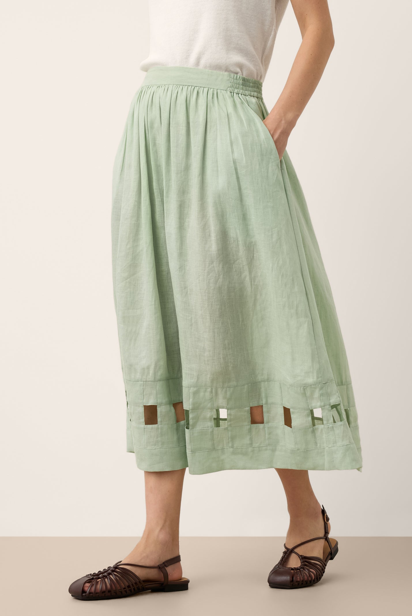 100% Linen Layered Handwoven Lattice Hem Elastic Waist Midi Skirt ALINAH by LINTICO for women