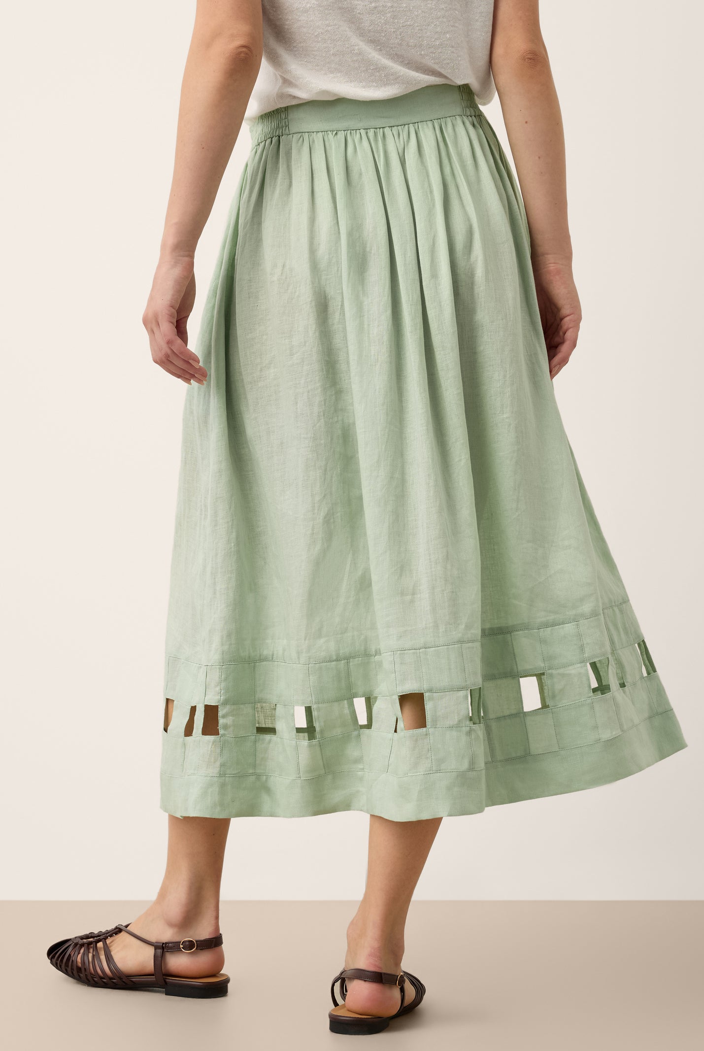 100% Linen Layered Handwoven Lattice Hem Elastic Waist Midi Skirt ALINAH by LINTICO for women