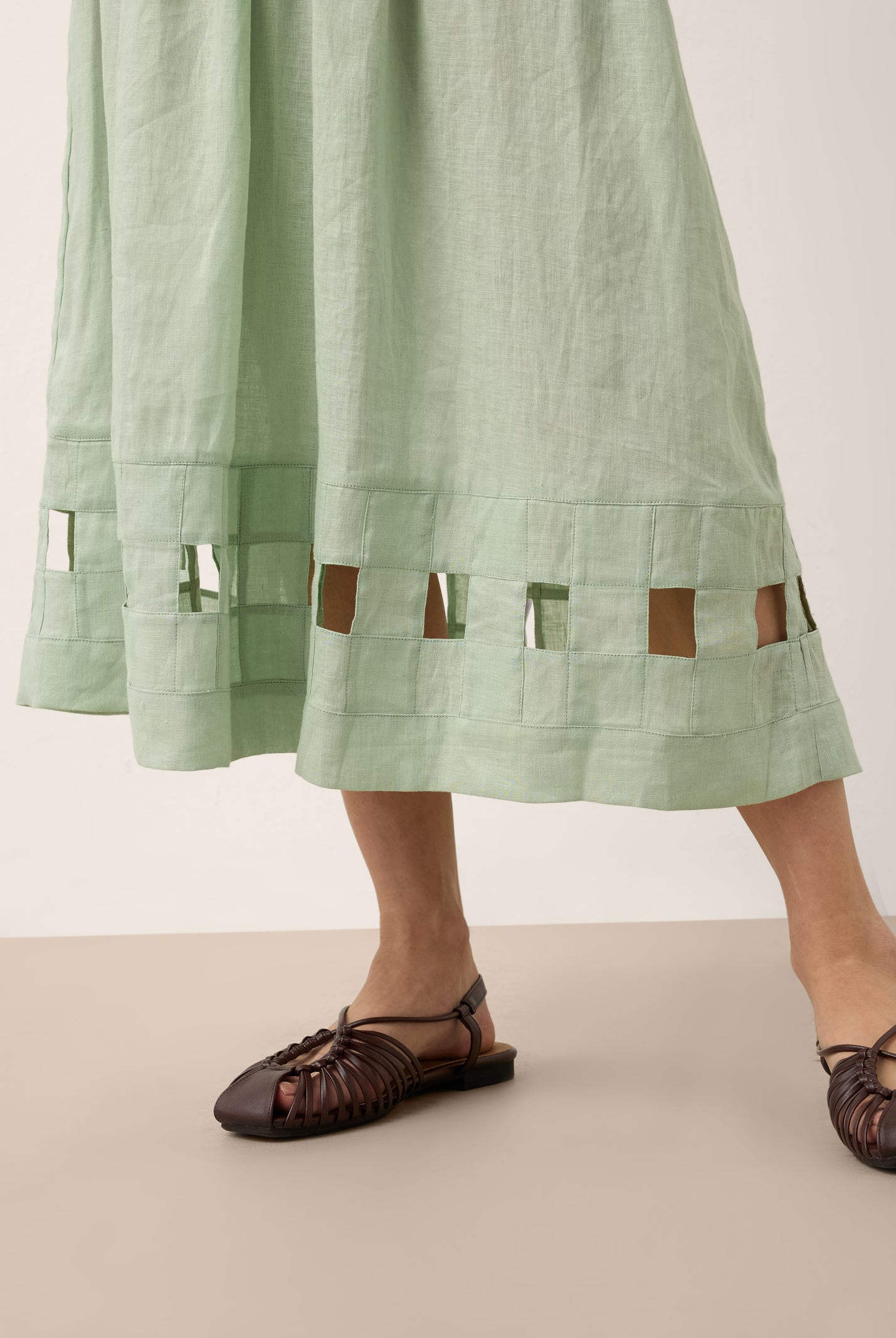 100% Linen Layered Handwoven Lattice Hem Elastic Waist Midi Skirt ALINAH by LINTICO for women