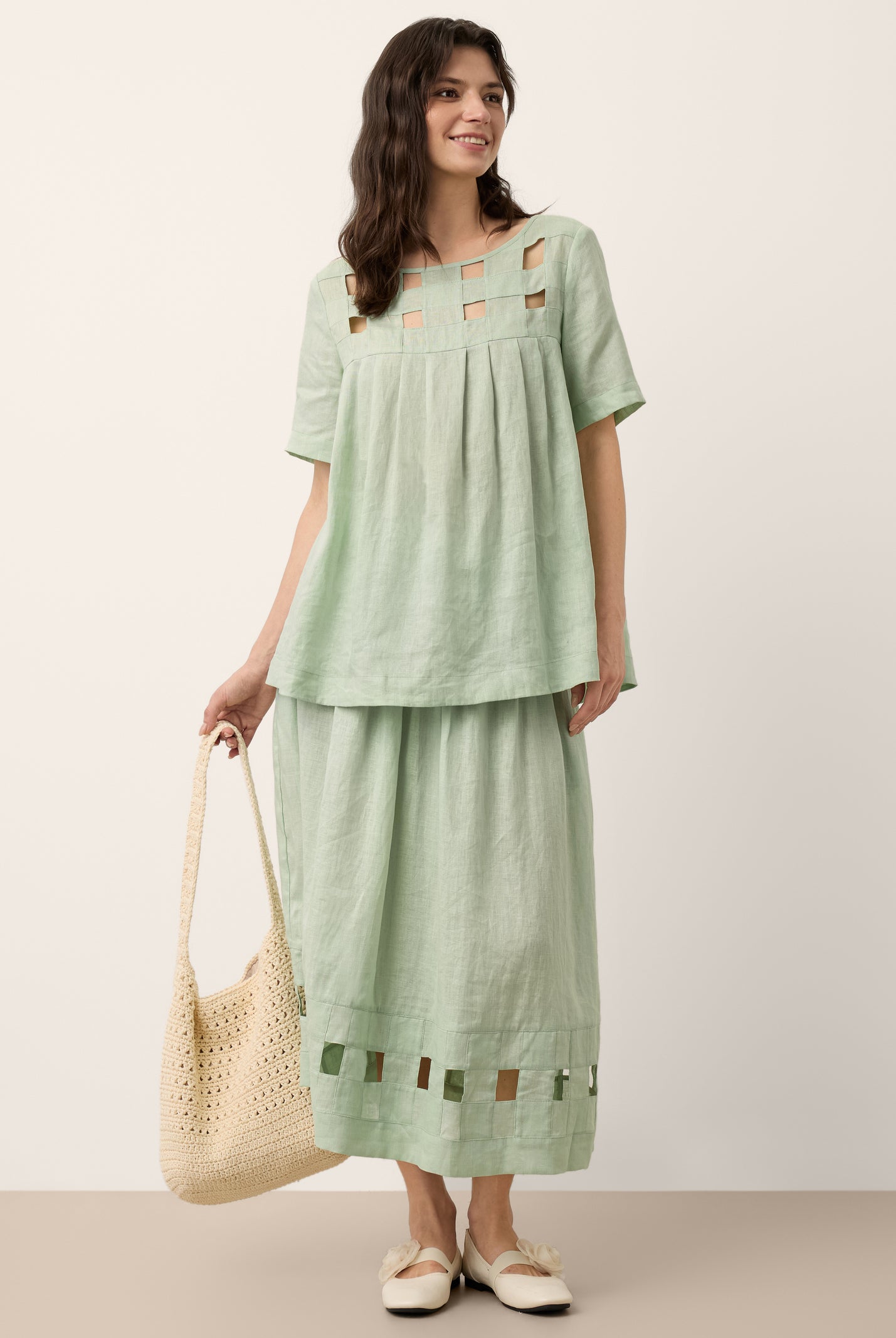 100% Linen Layered Handwoven Lattice Hem Elastic Waist Midi Skirt ALINAH by LINTICO for women
