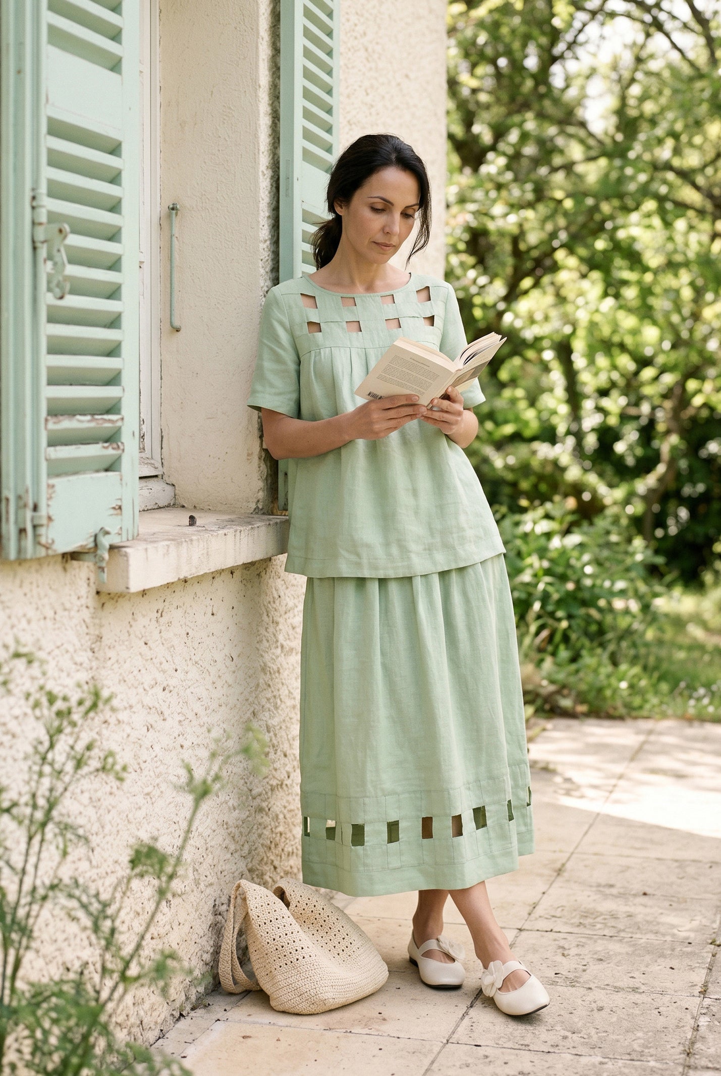 100% Linen Layered Handwoven Lattice Hem Elastic Waist Midi Skirt ALINAH by LINTICO for women