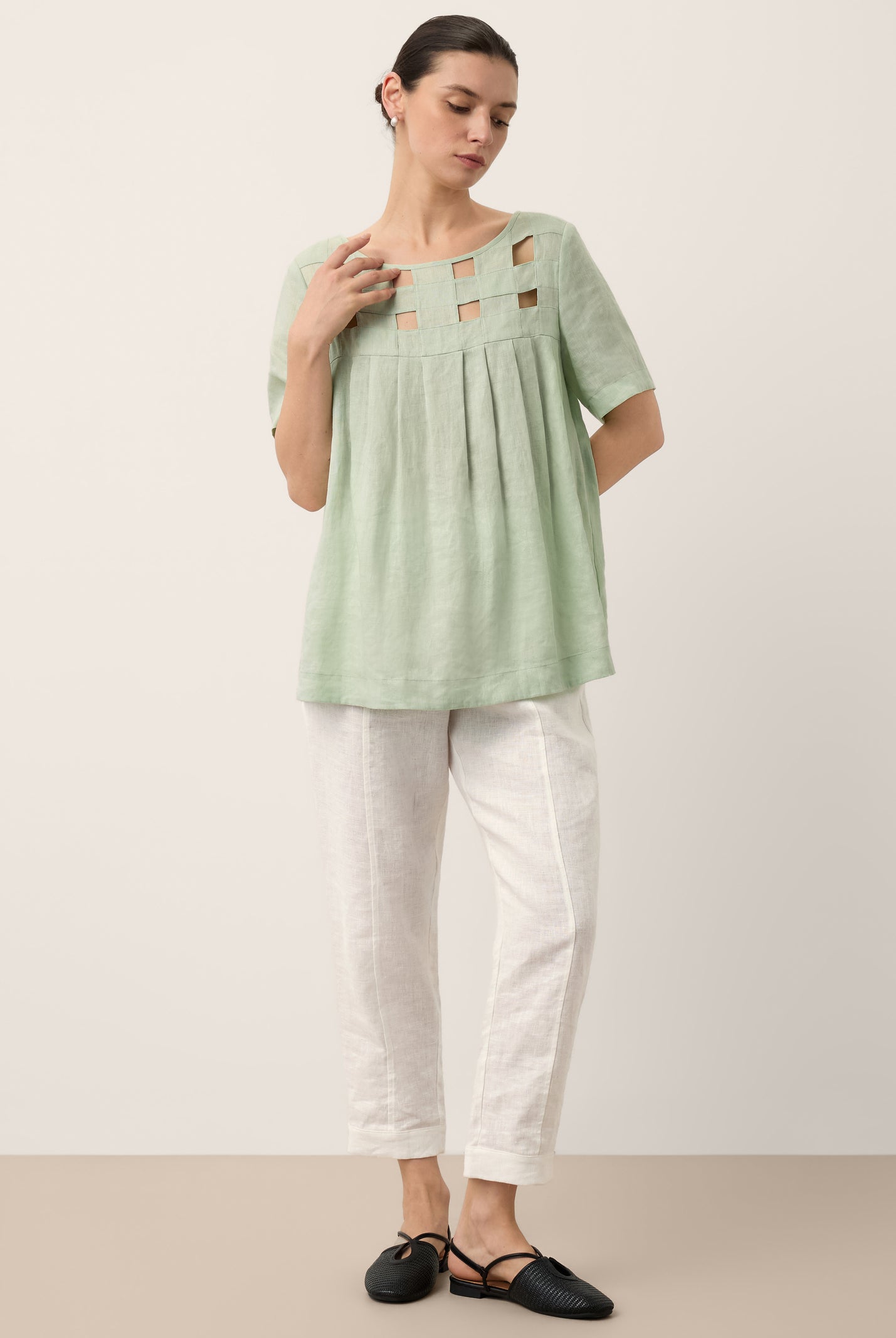 100% Linen Layered Handwoven Lattice Pleated Top AMALIA by LINTICO for women