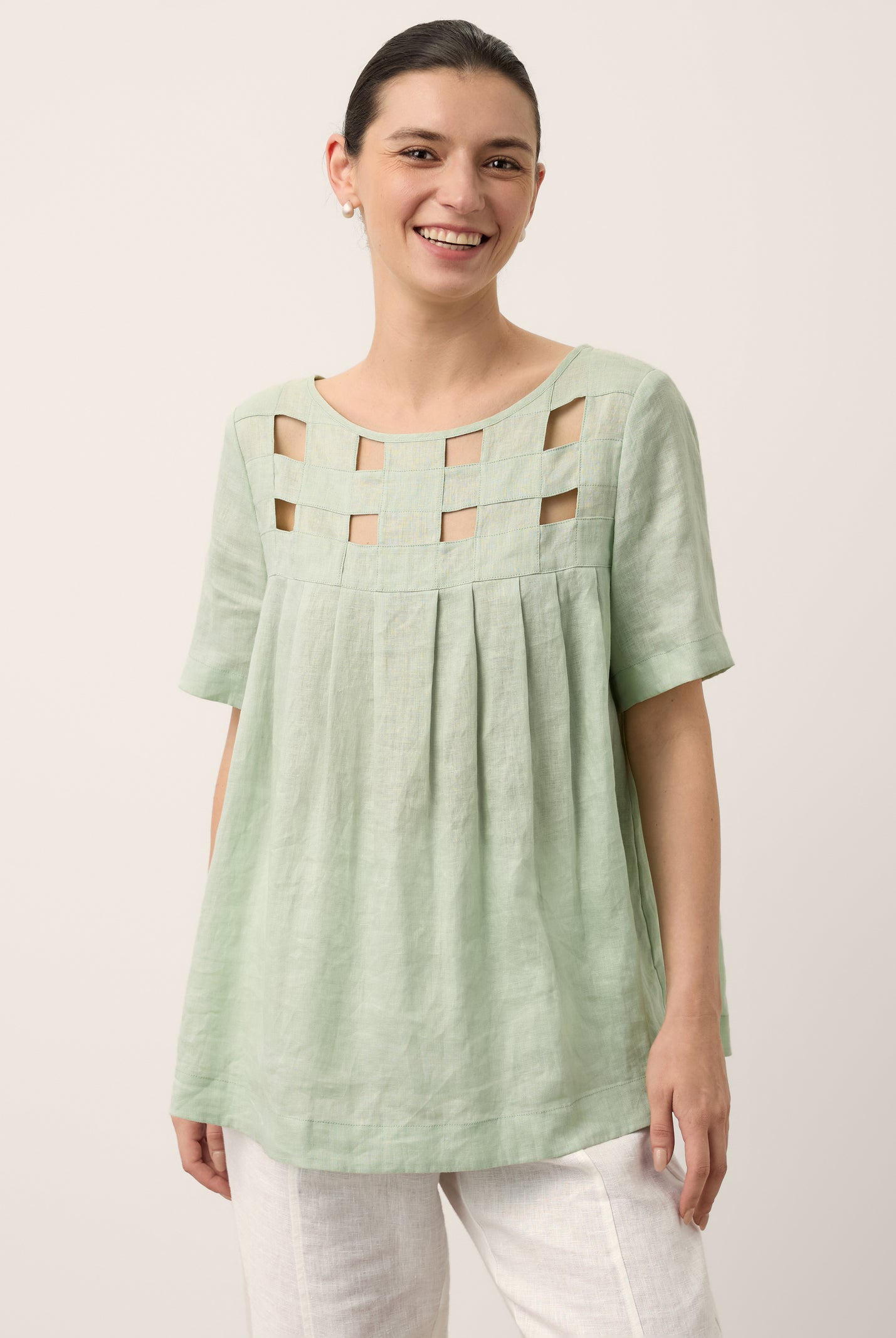 100% Linen Layered Handwoven Lattice Pleated Top AMALIA by LINTICO for women