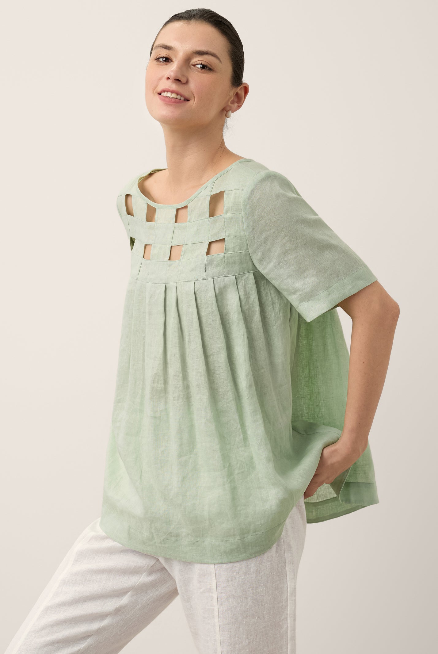 100% Linen Layered Handwoven Lattice Pleated Top AMALIA by LINTICO for women