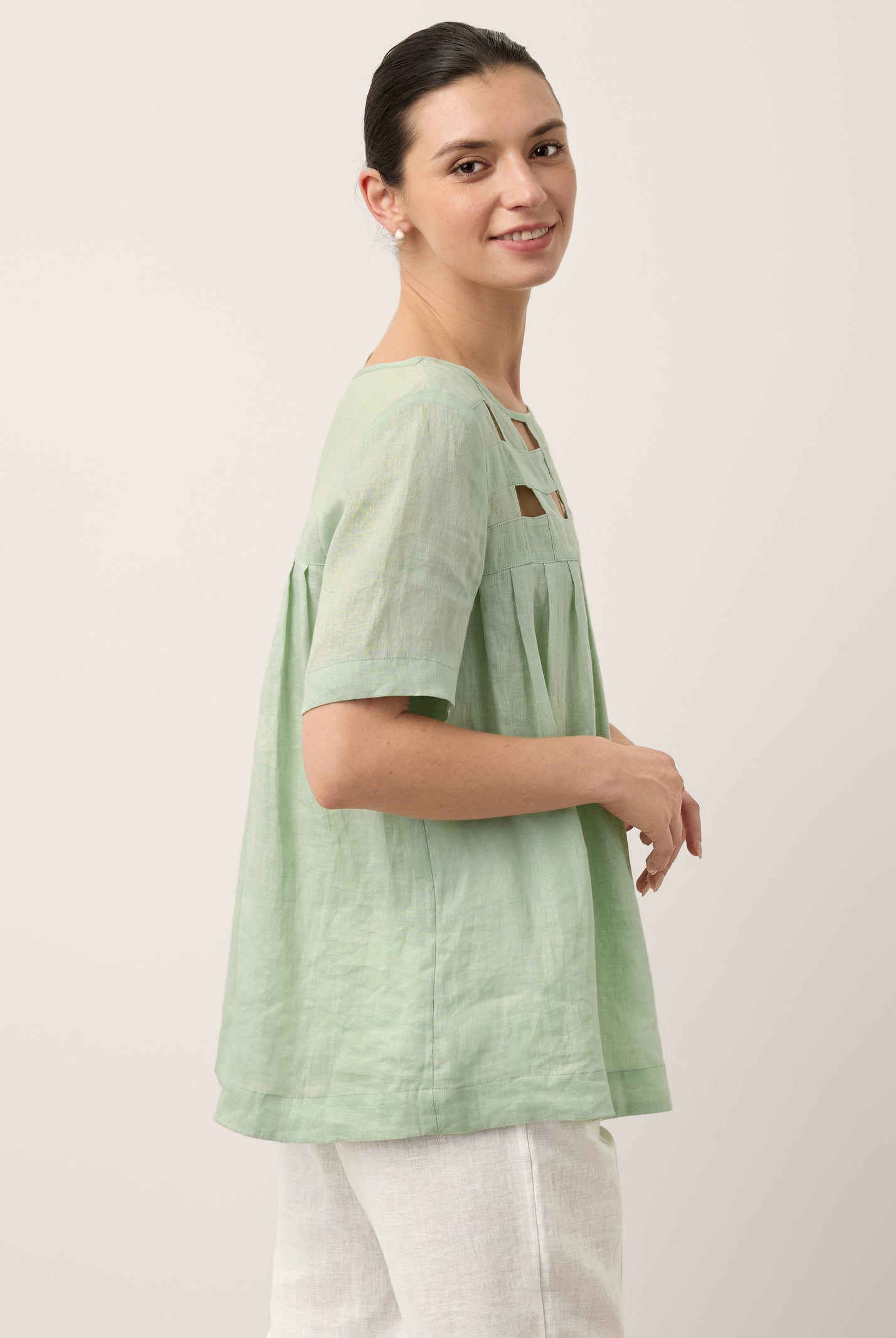 100% Linen Layered Handwoven Lattice Pleated Top AMALIA by LINTICO for women