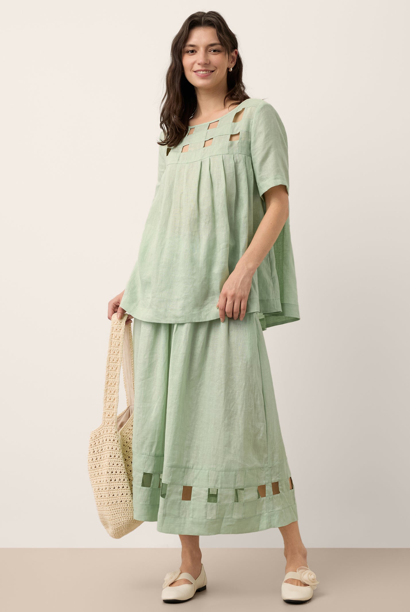 100% Linen Layered Handwoven Lattice Pleated Top AMALIA by LINTICO for women