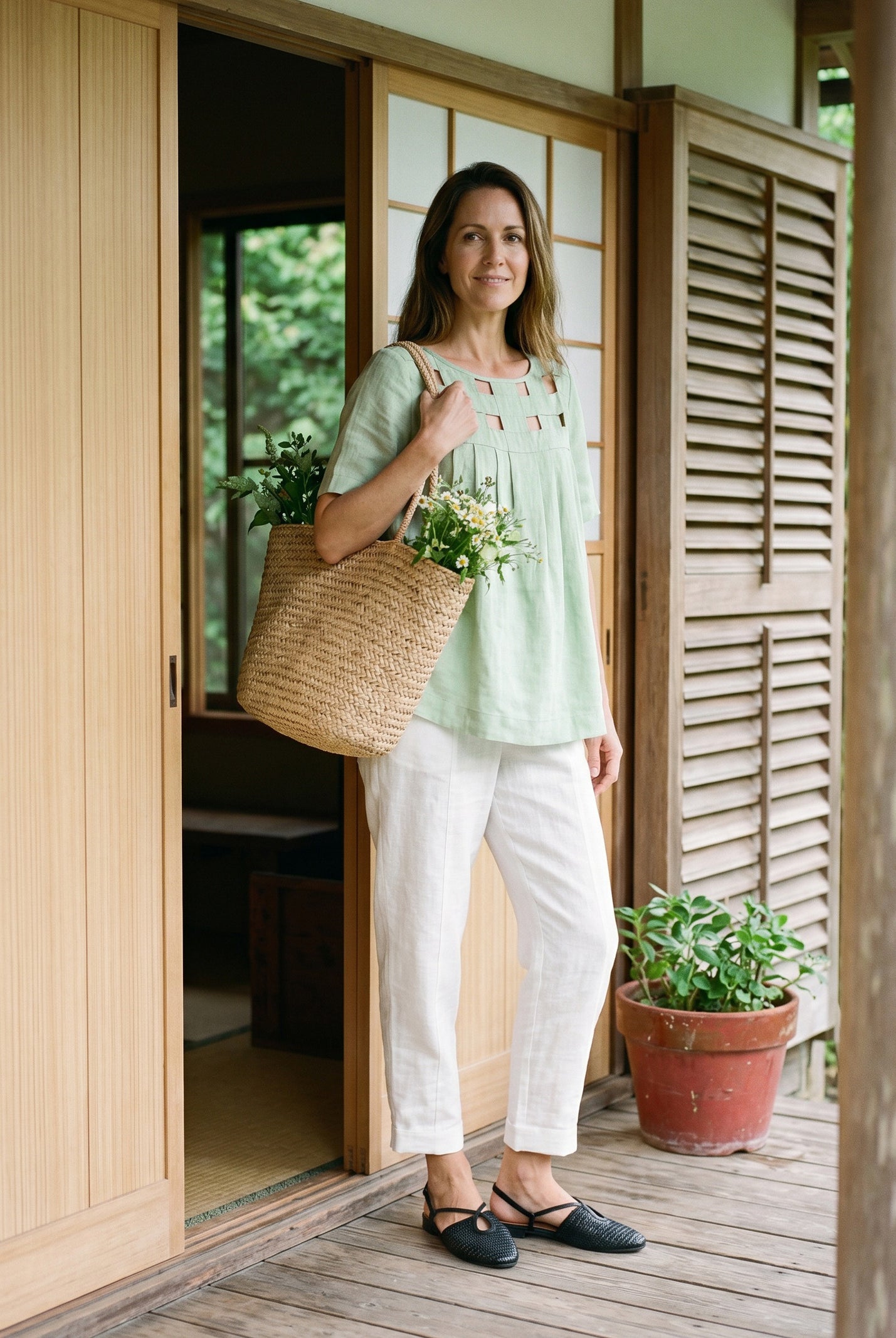 100% Linen Layered Handwoven Lattice Pleated Top AMALIA by LINTICO for women