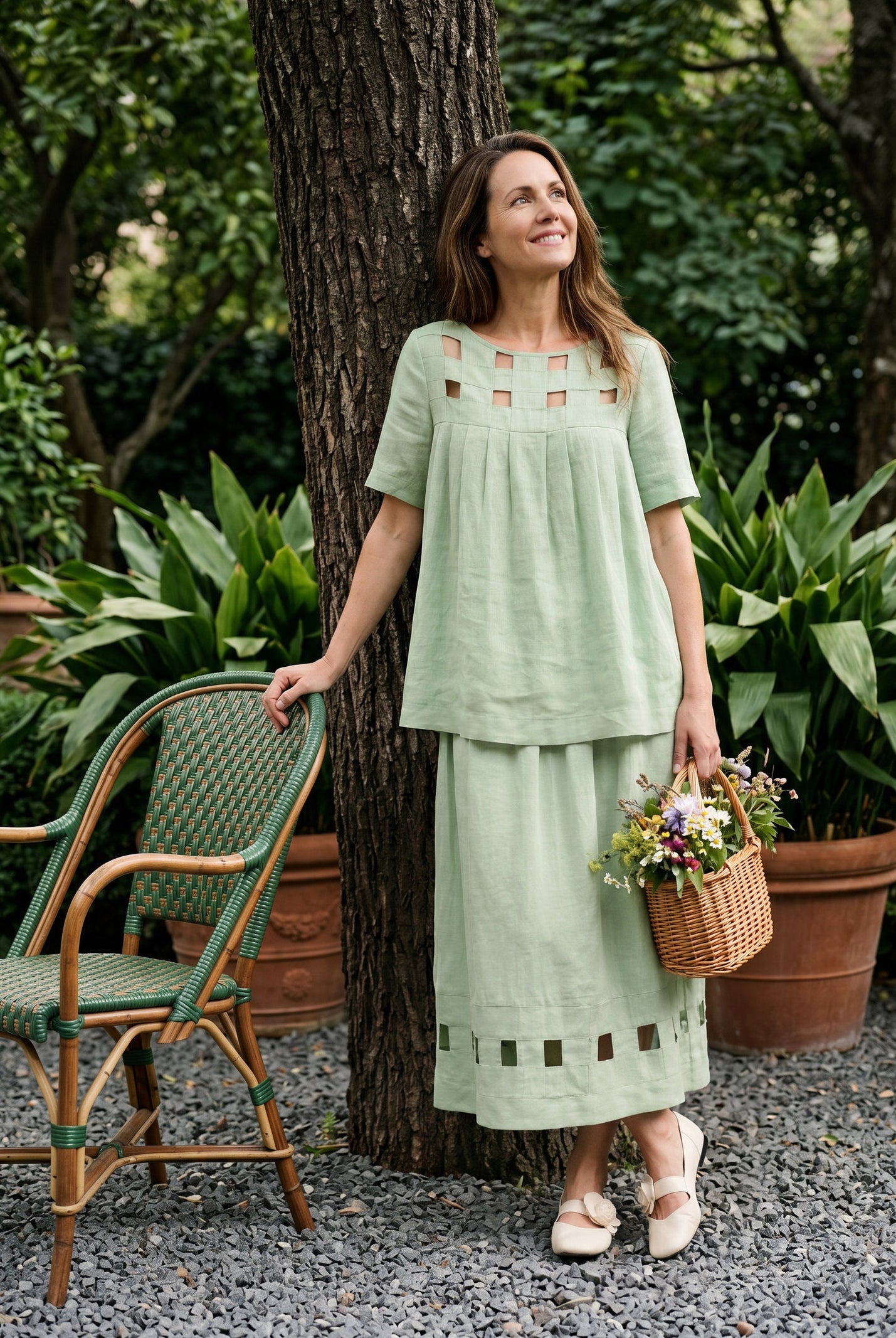 100% Linen Layered Handwoven Lattice Pleated Top AMALIA by LINTICO for women