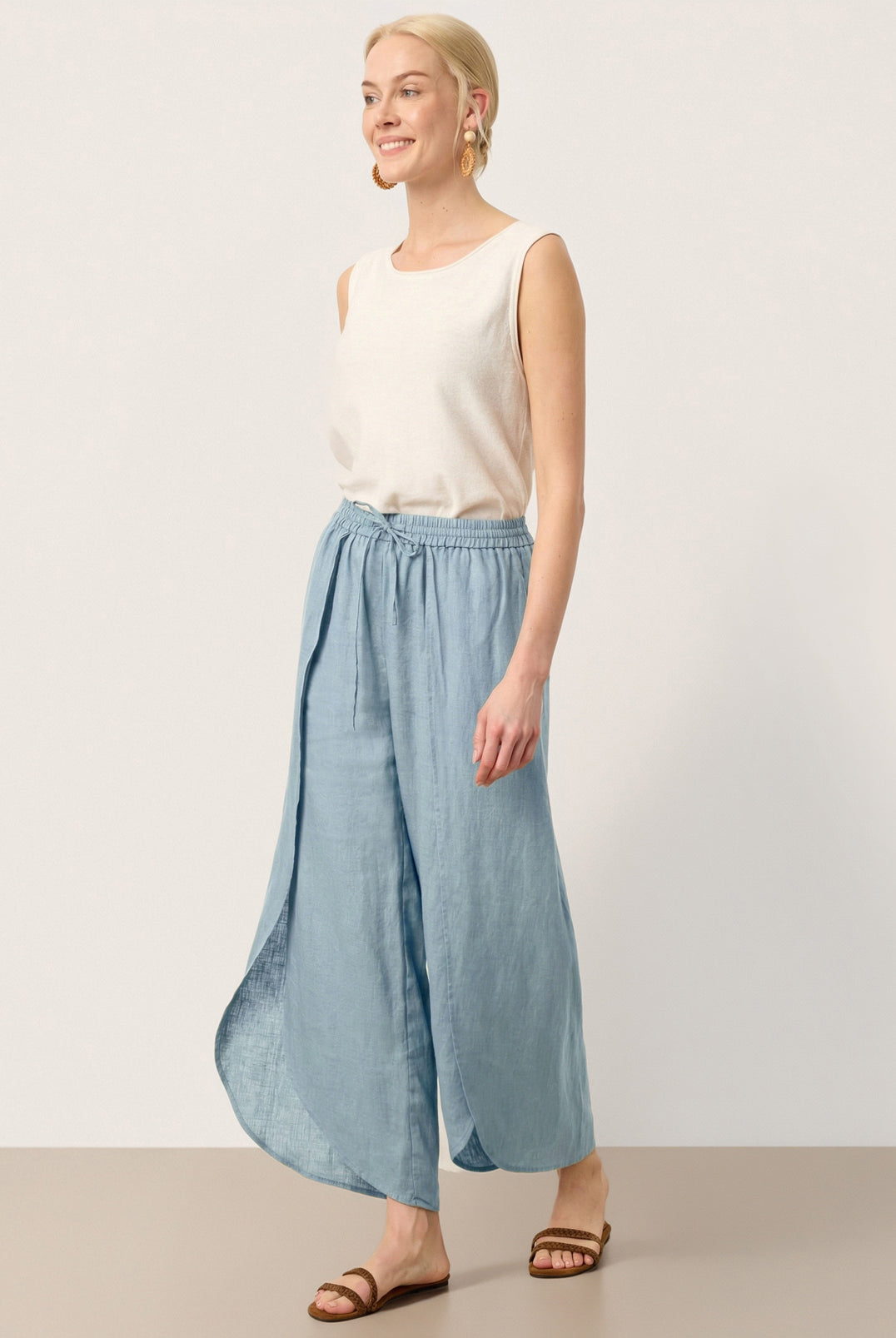 100% Linen Layered Slit Wide-Leg Drawstring Pants PEREGRINE by LINTICO for women