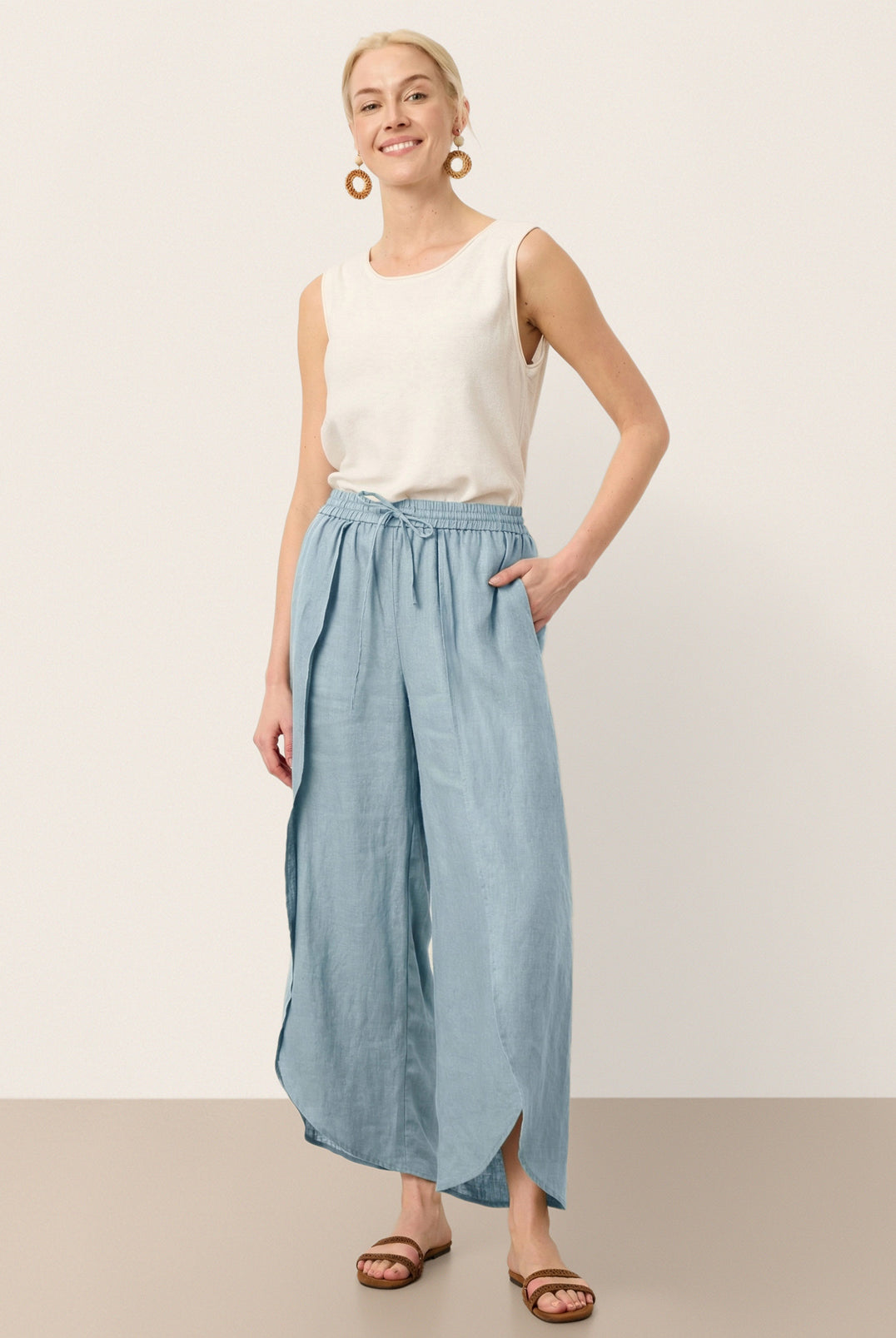 100% Linen Layered Slit Wide-Leg Drawstring Pants PEREGRINE by LINTICO for women
