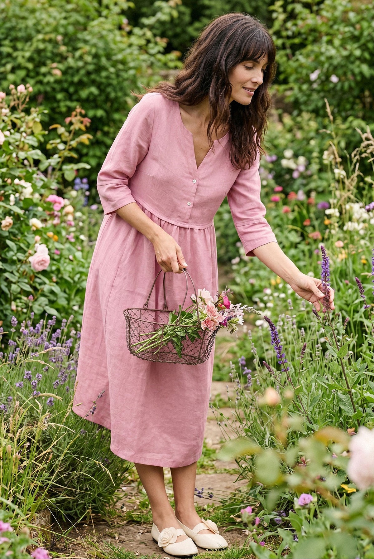 100% Linen Loose Fit Button Waist Gathered Midi Dress LUNA by LINTICO for women