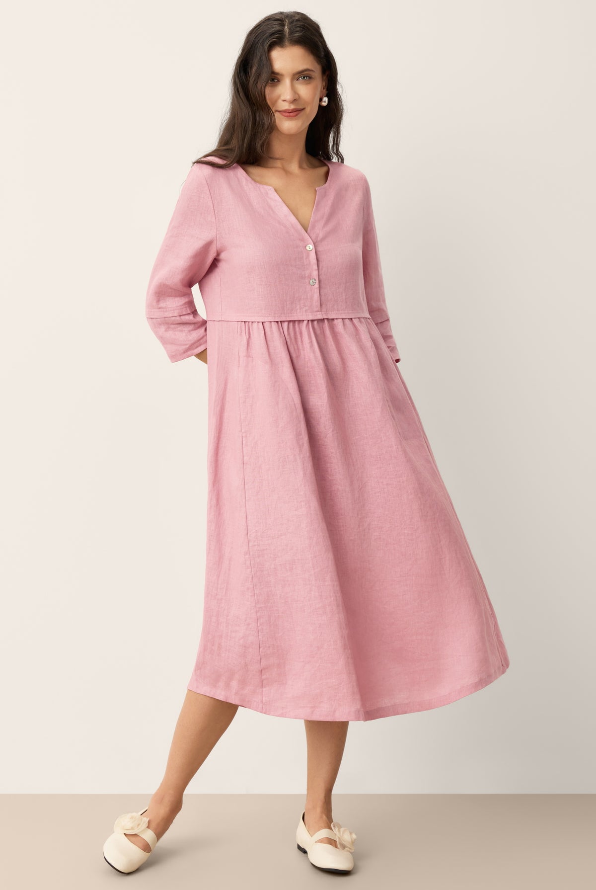 100% Linen Loose Fit Button Waist Gathered Midi Dress LUNA by LINTICO for women