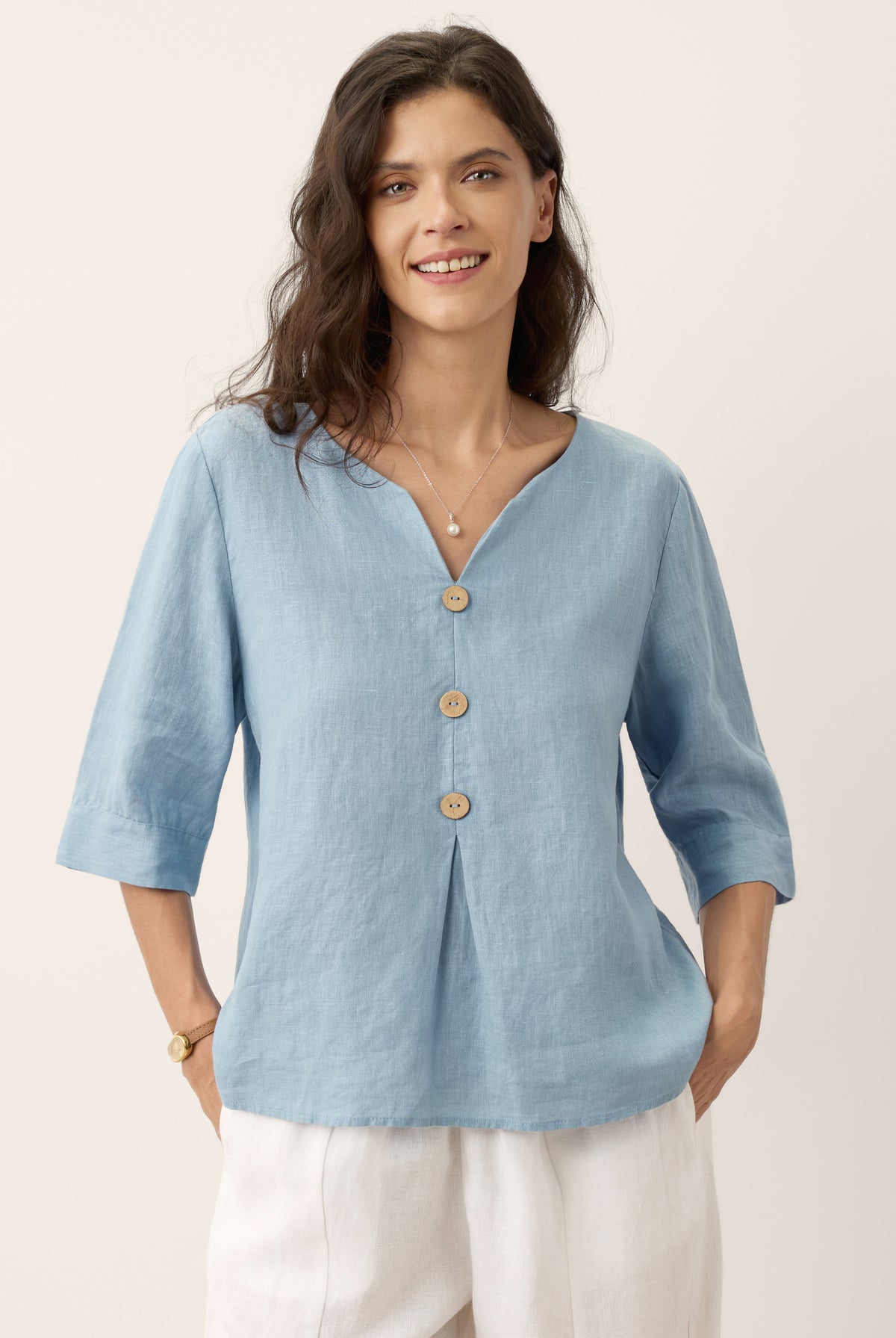 100% Linen Split Neck Inverted Pleat Top TABITHA by LINTICO for women