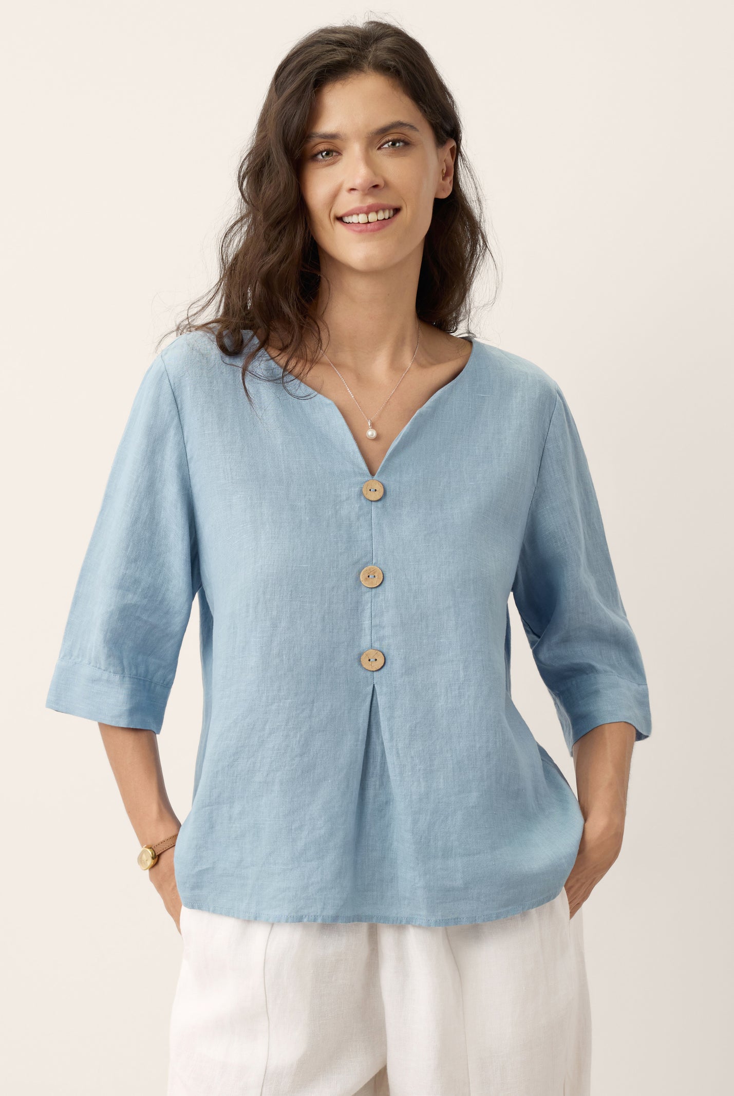 100% Linen Split Neck Inverted Pleat Top TABITHA by LINTICO for women