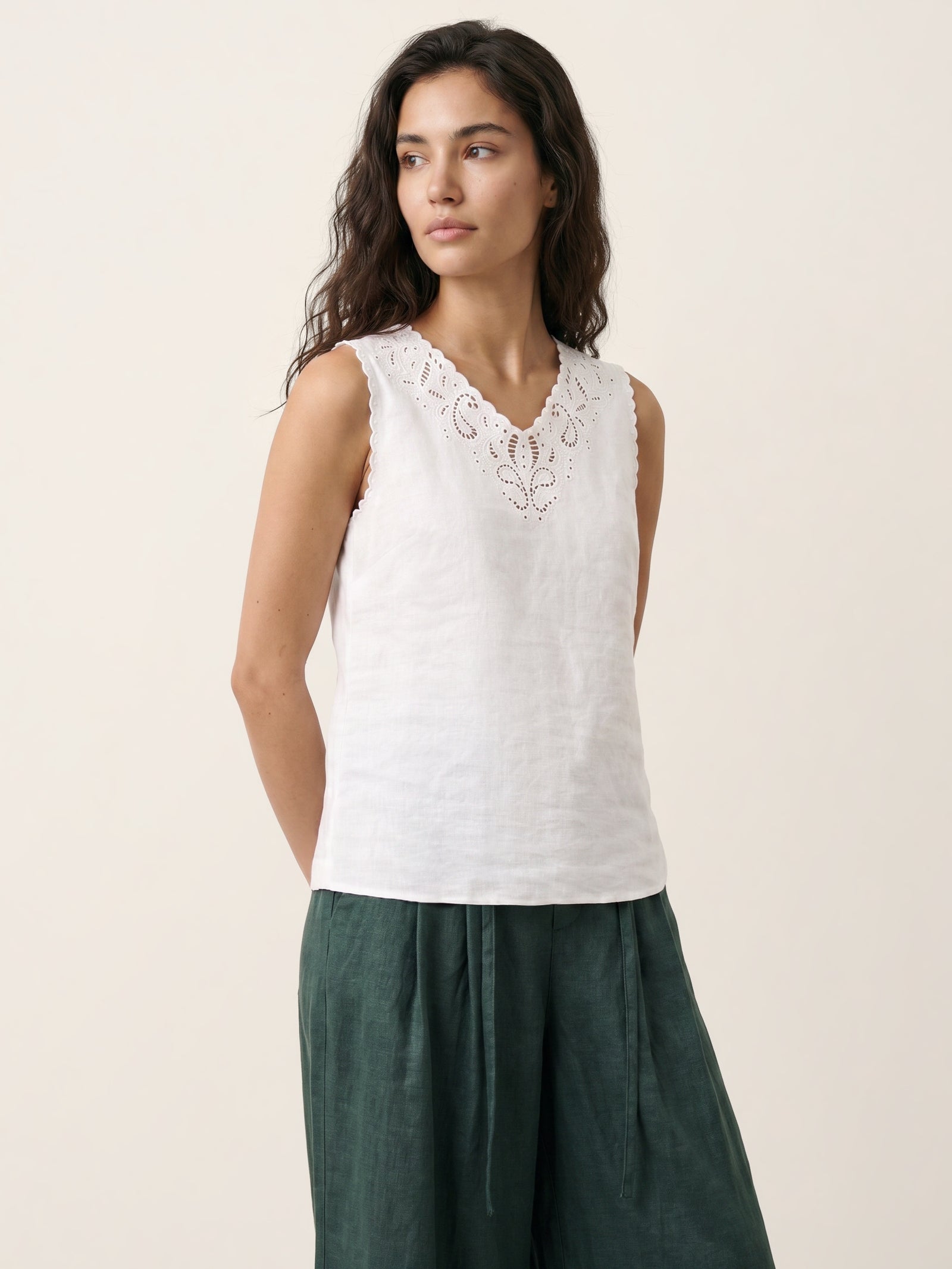 100% Linen Paisley Cutwork V Neck Tank WAVERLY by LINTICO
