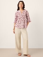 Linen Paisley Pintucked Ruffle-Cuff Curved Hem Blouse ILARIA by LINTICO for women
