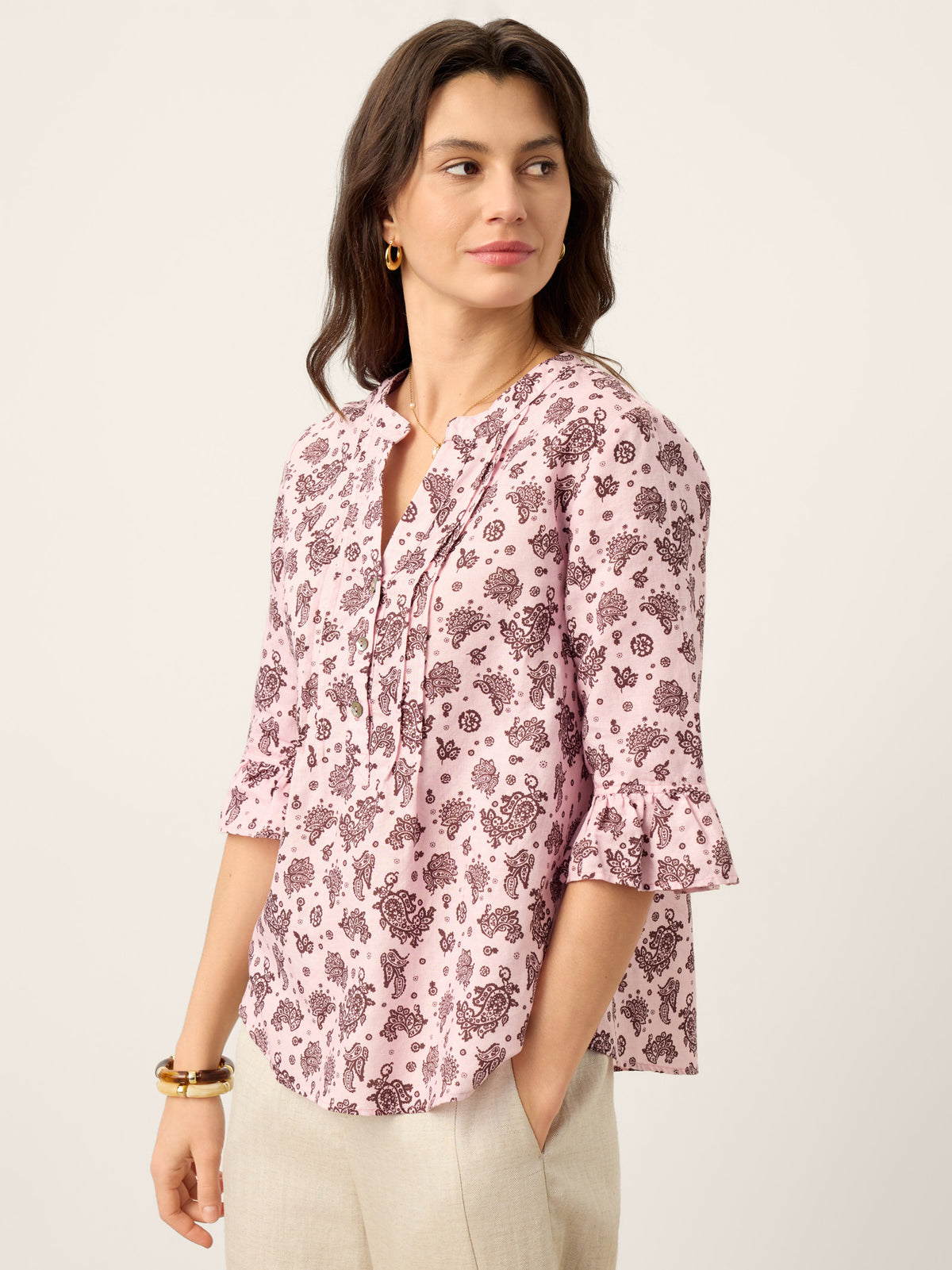 Linen Paisley Pintucked Ruffle-Cuff Curved Hem Blouse ILARIA by LINTICO for women