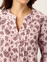 Linen Paisley Pintucked Ruffle-Cuff Curved Hem Blouse ILARIA by LINTICO for women
