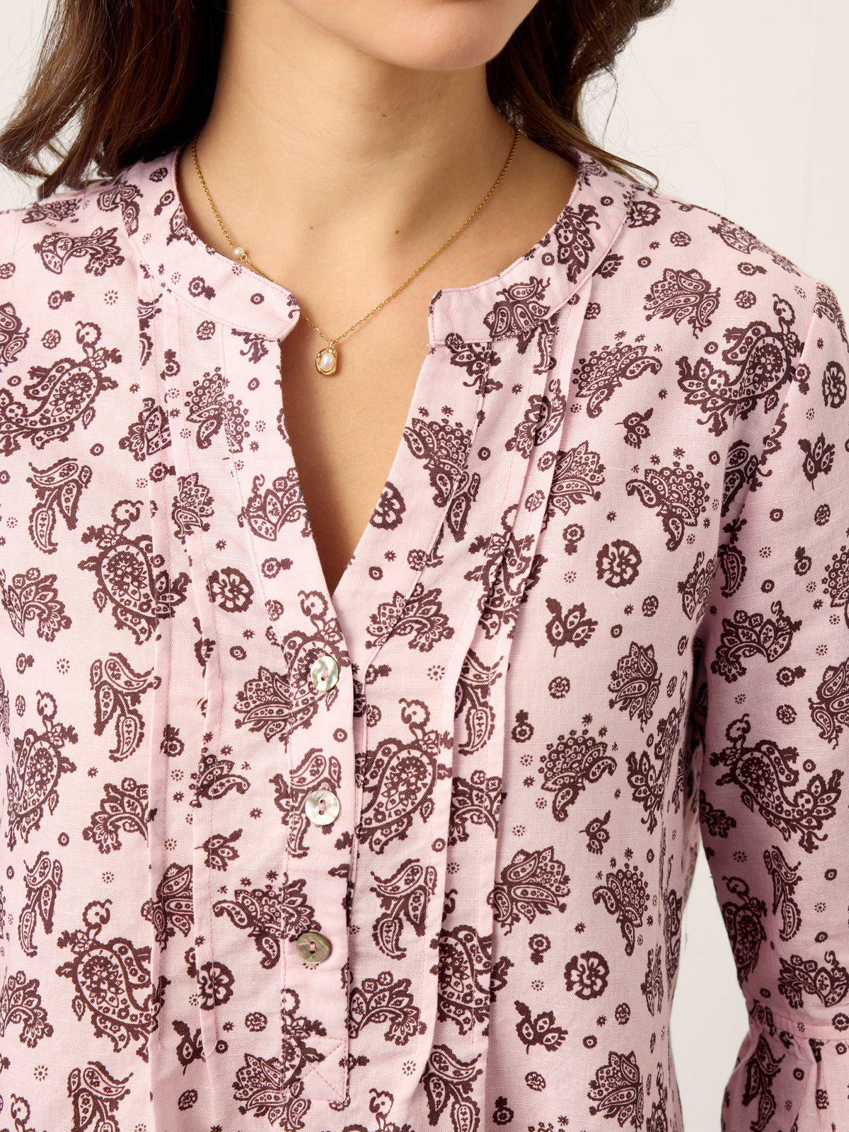 Linen Paisley Pintucked Ruffle-Cuff Curved Hem Blouse ILARIA by LINTICO for women