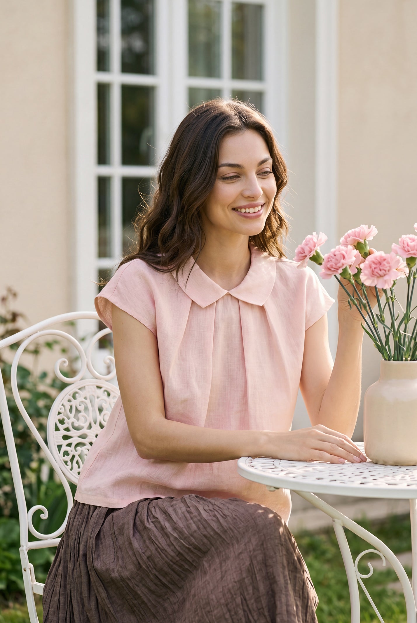 100% Linen Peter-Pan Collar Pintuck Top MIRIAM by LINTICO for women