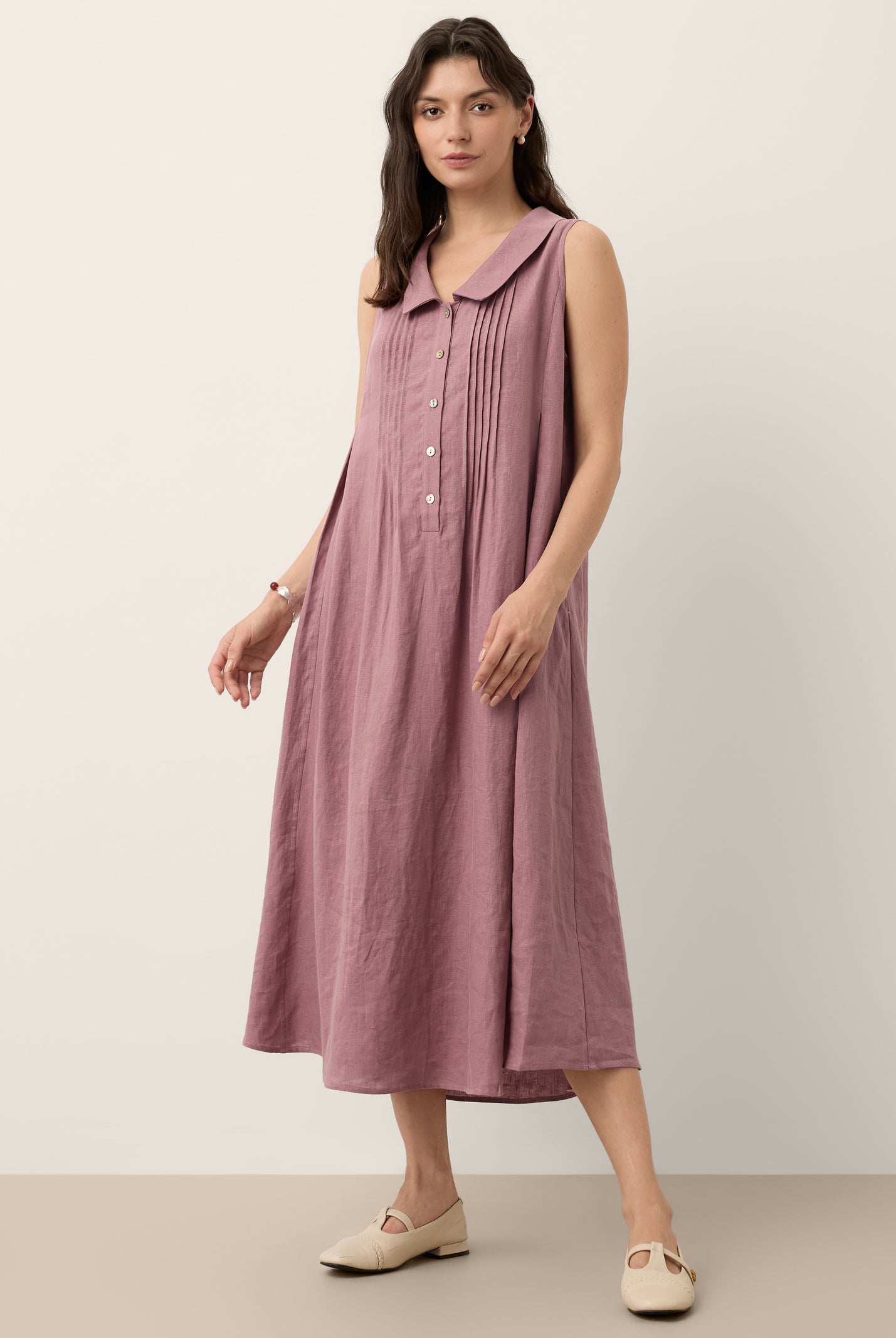 100% Linen Peter Pan Collar Pintuck Midi Dress LIANNA by LINTICO for women