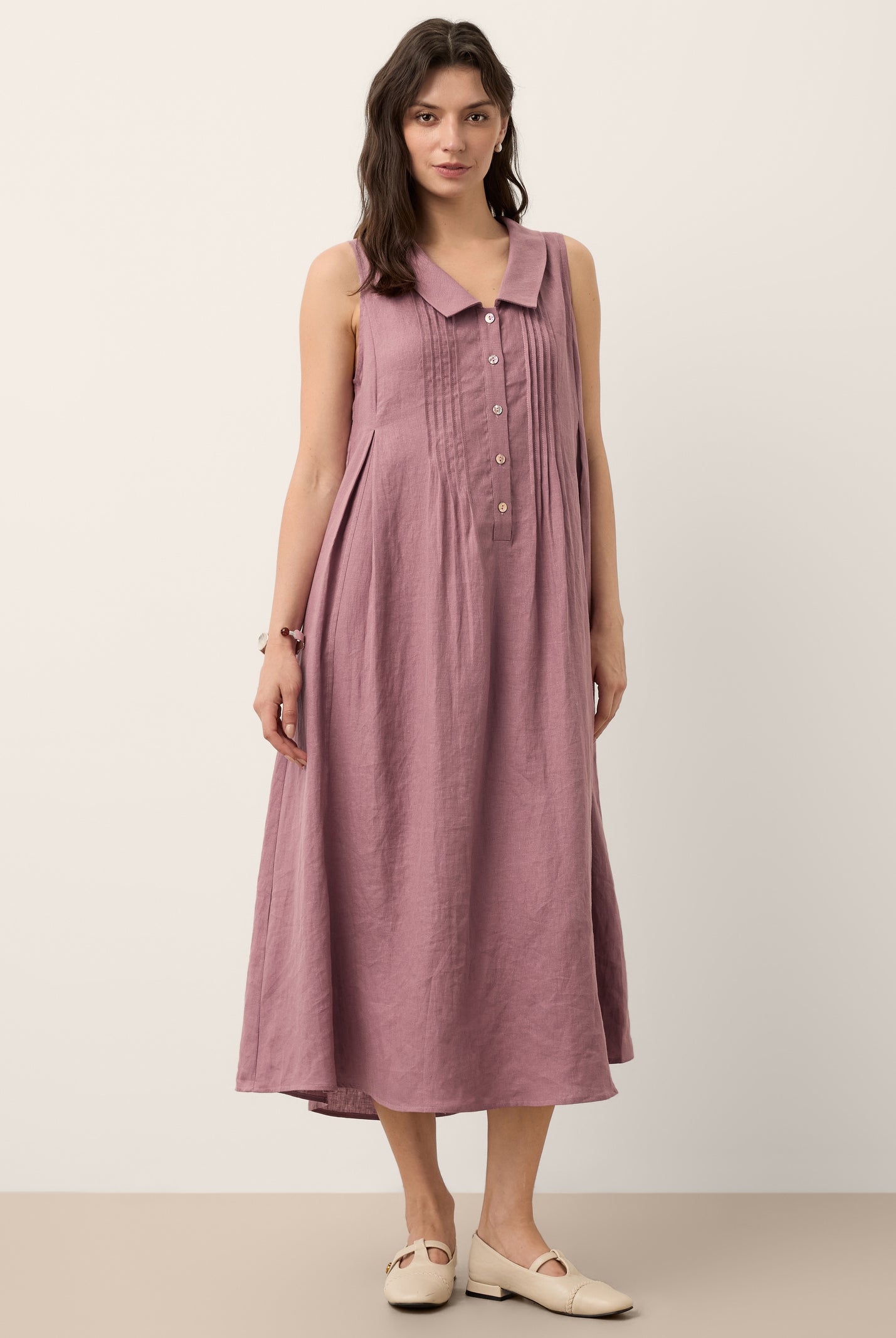 100% Linen Peter Pan Collar Pintuck Midi Dress LIANNA by LINTICO for women