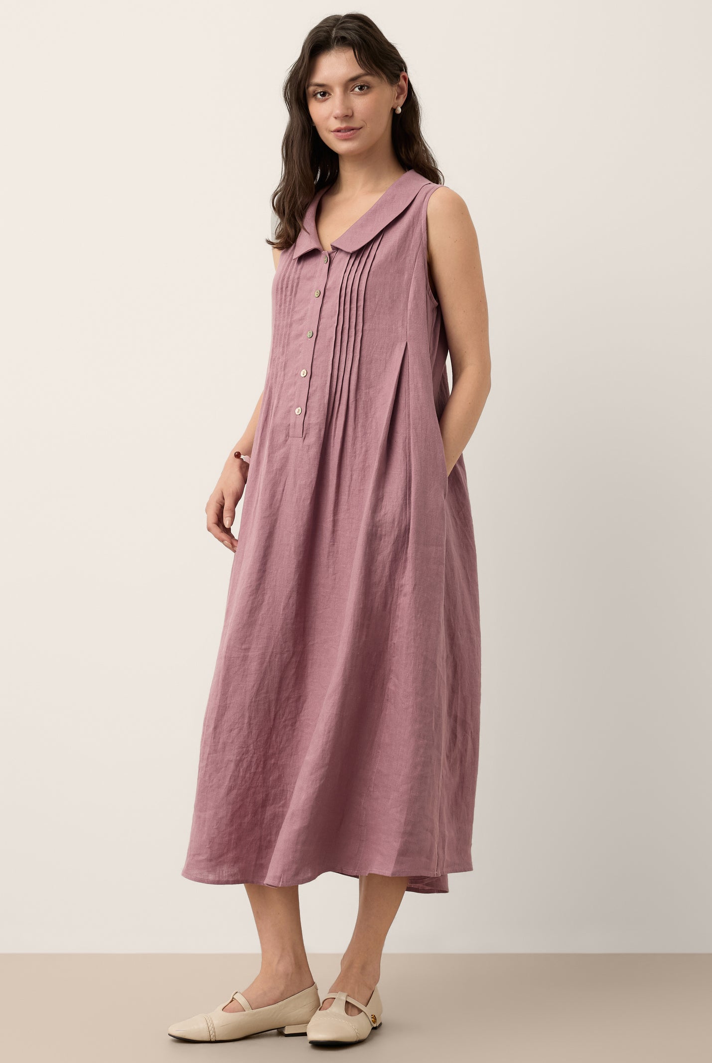 100% Linen Peter Pan Collar Pintuck Midi Dress LIANNA by LINTICO for women