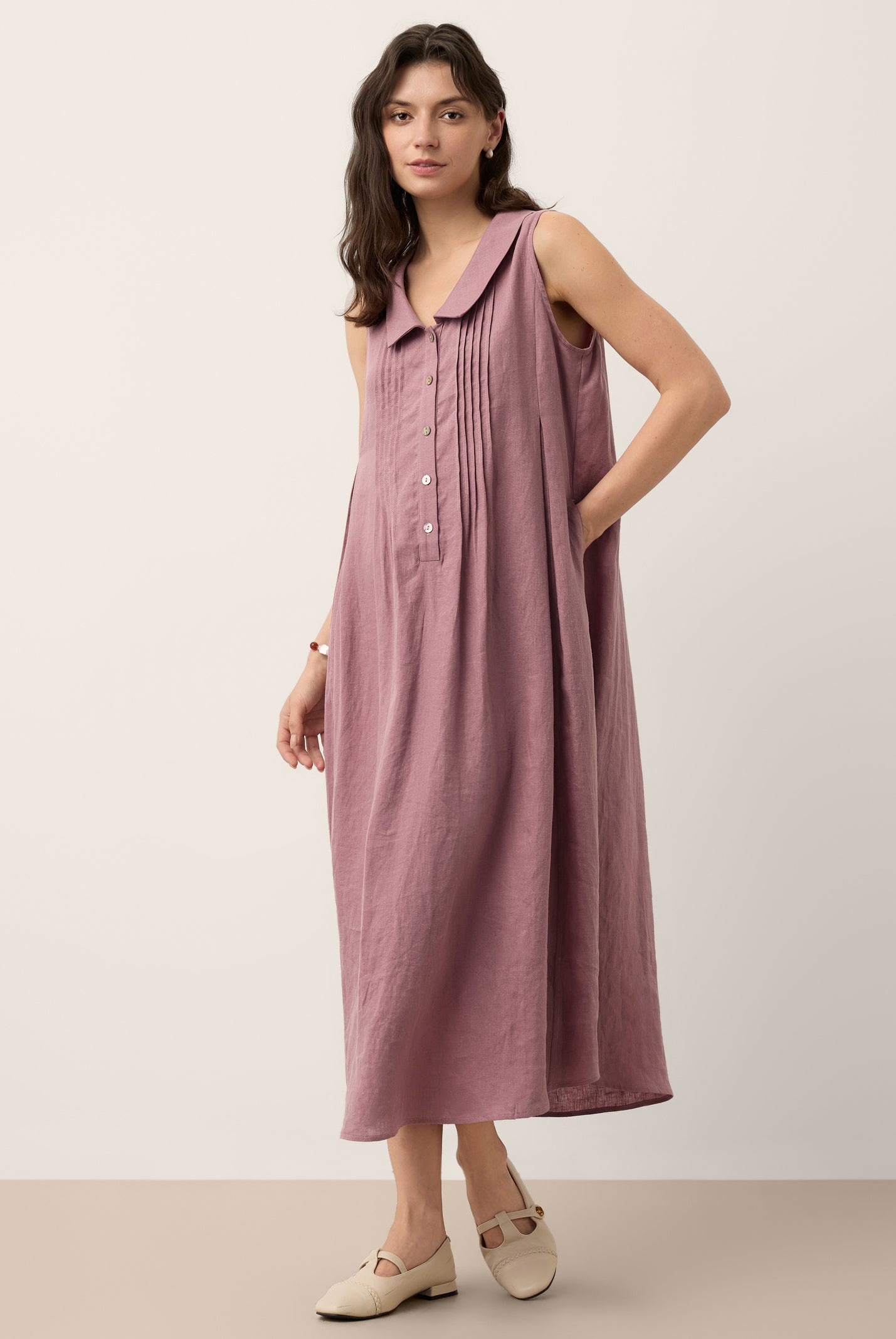 100% Linen Peter Pan Collar Pintuck Midi Dress LIANNA by LINTICO for women