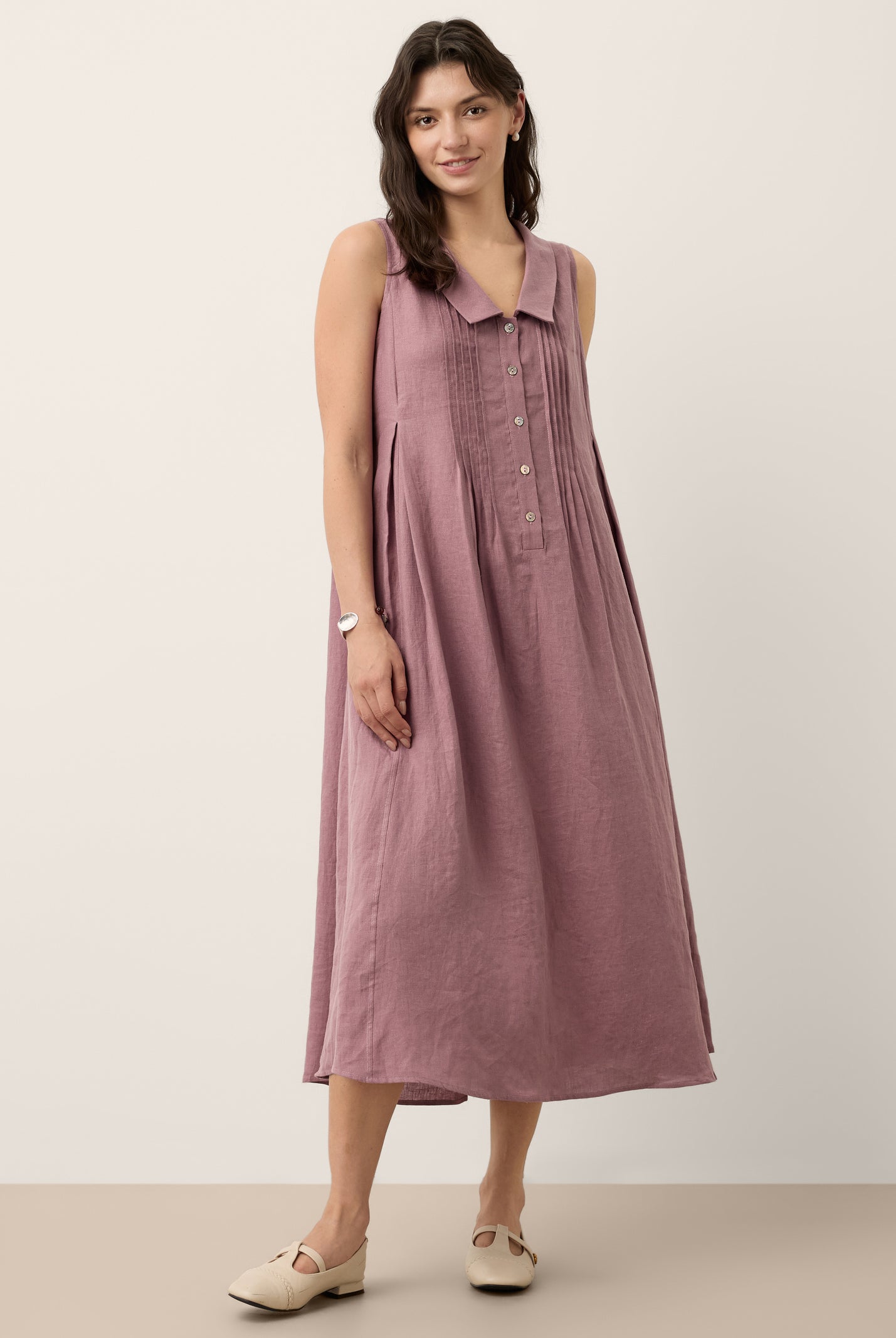 100% Linen Peter Pan Collar Pintuck Midi Dress LIANNA by LINTICO for women