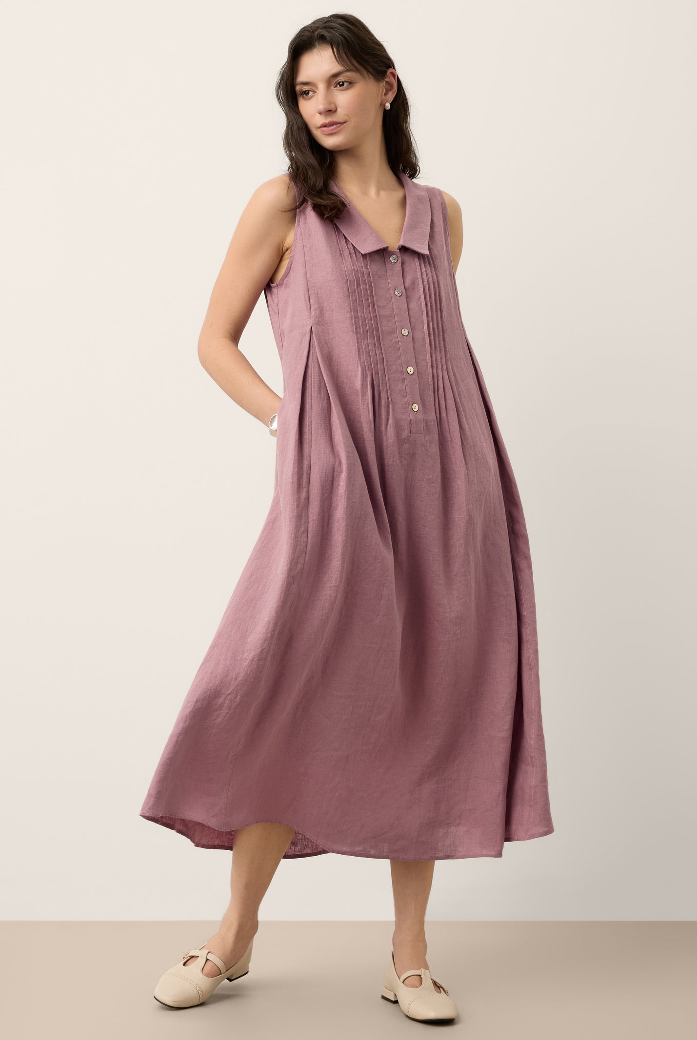 100% Linen Peter Pan Collar Pintuck Midi Dress LIANNA by LINTICO for women