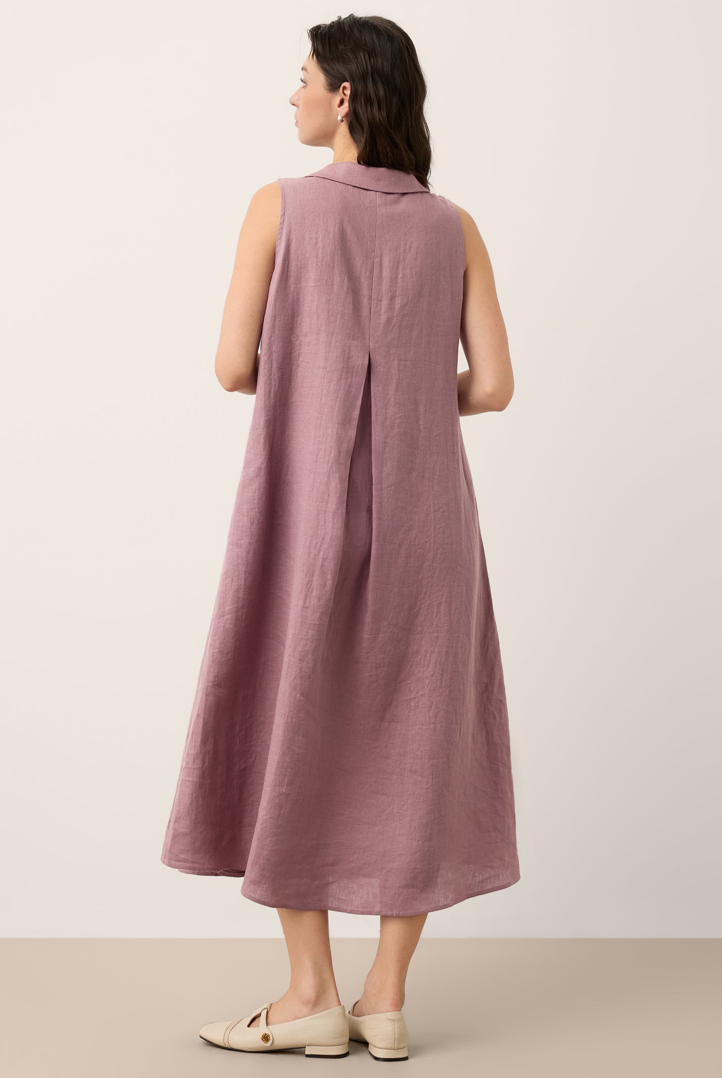 100% Linen Peter Pan Collar Pintuck Midi Dress LIANNA by LINTICO for women