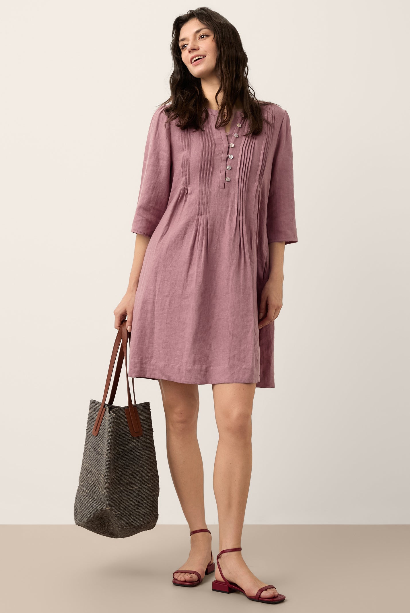 100% Linen Pintuck Puff Sleeve Mini Dress LENORA by LINTICO for women