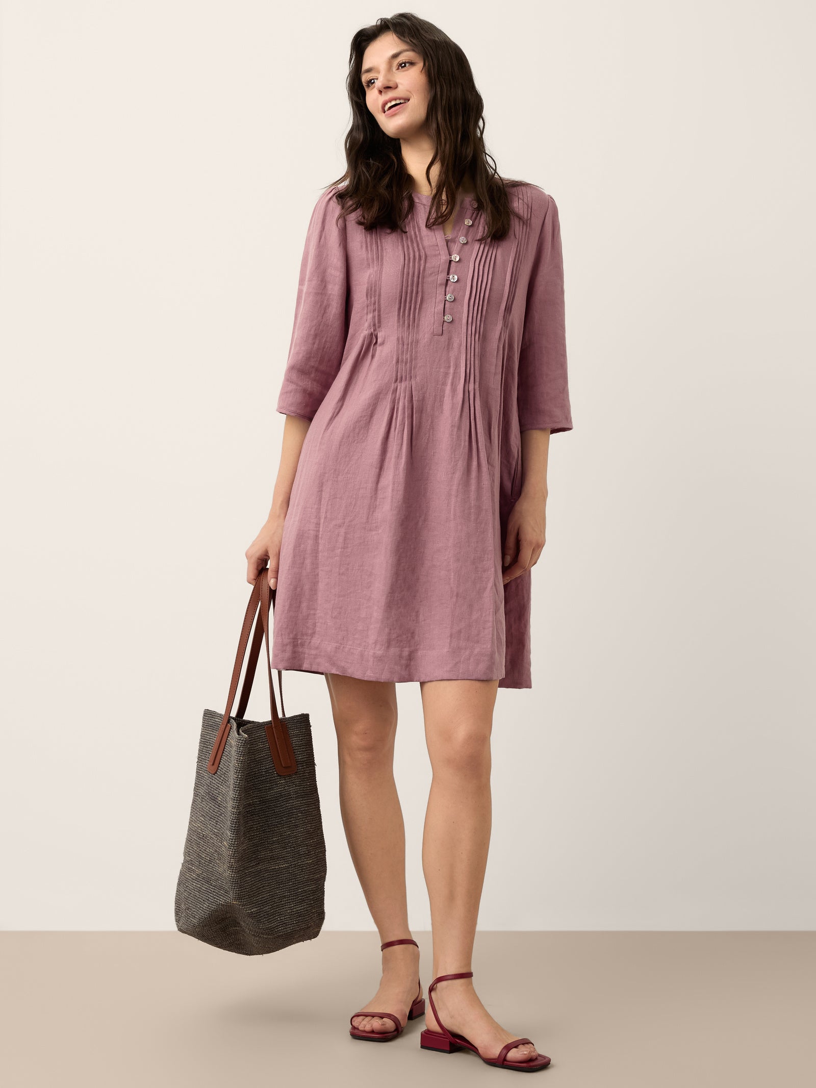 100% Linen Pintuck Puff Sleeve Mini Dress LENORA by LINTICO for women